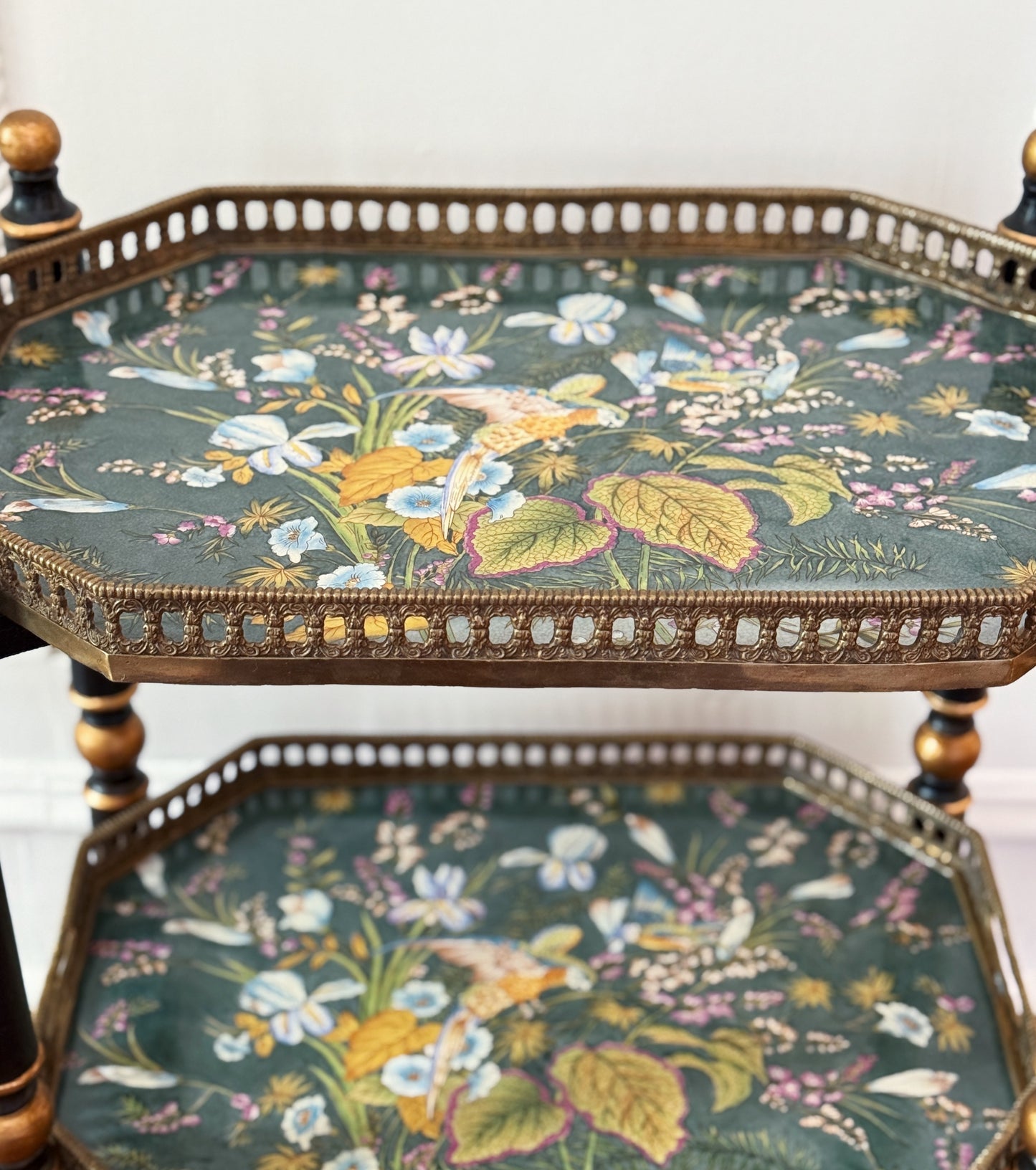 Two-Tier Porcelain Tray Table with Gilt Gallery and Removable Trays