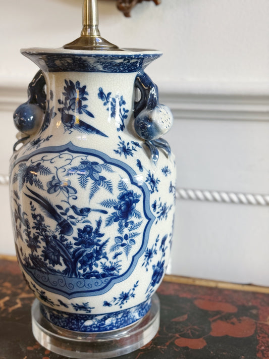 Hand Painted Blue & White Chinoiserie Lamp - Birds & Floral