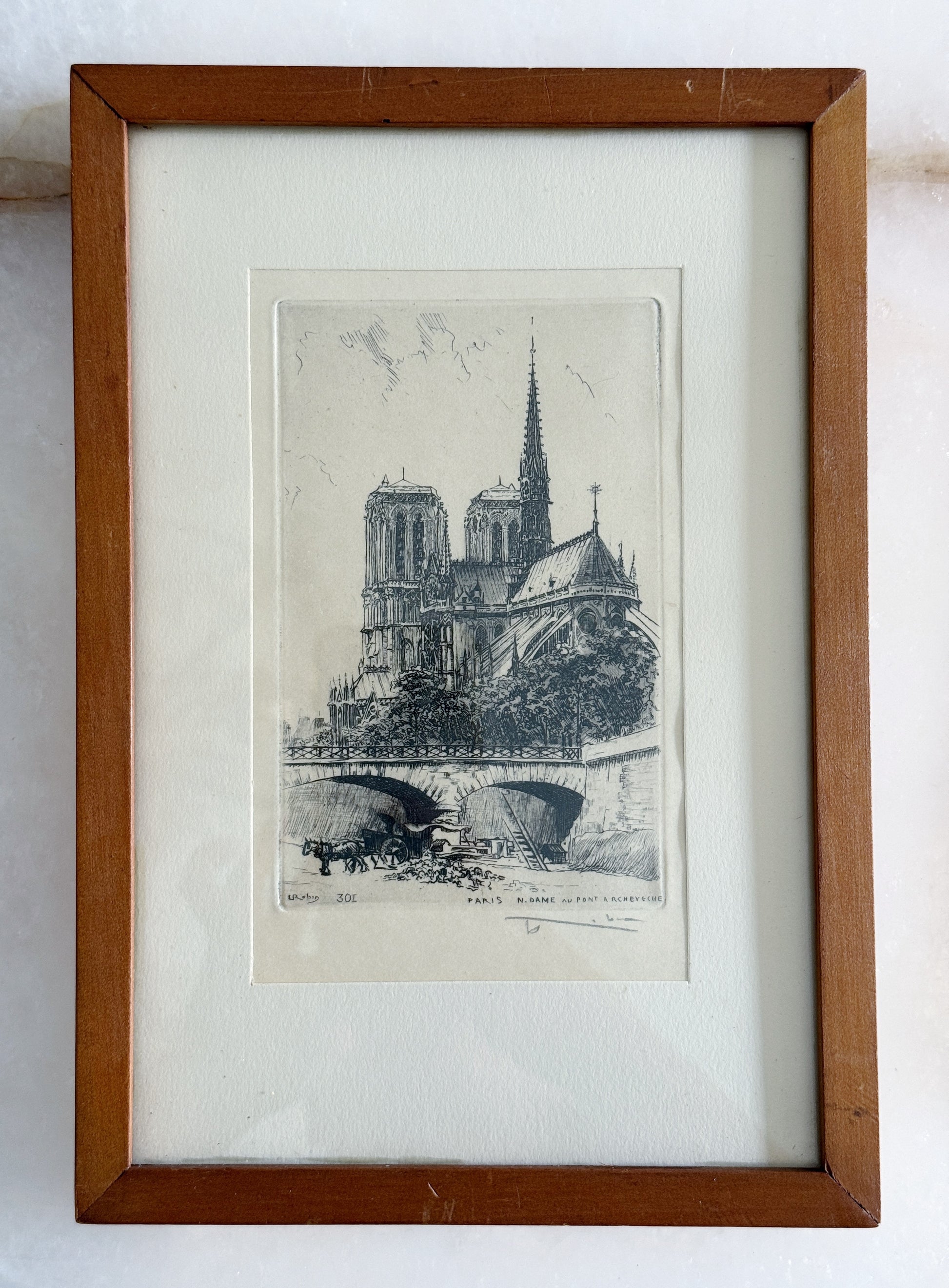 Pair of Vintage Paris Architectural Etchings in Wood Frames