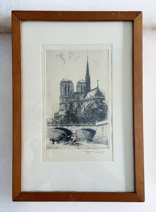 Pair of Vintage Paris Architectural Etchings in Wood Frames