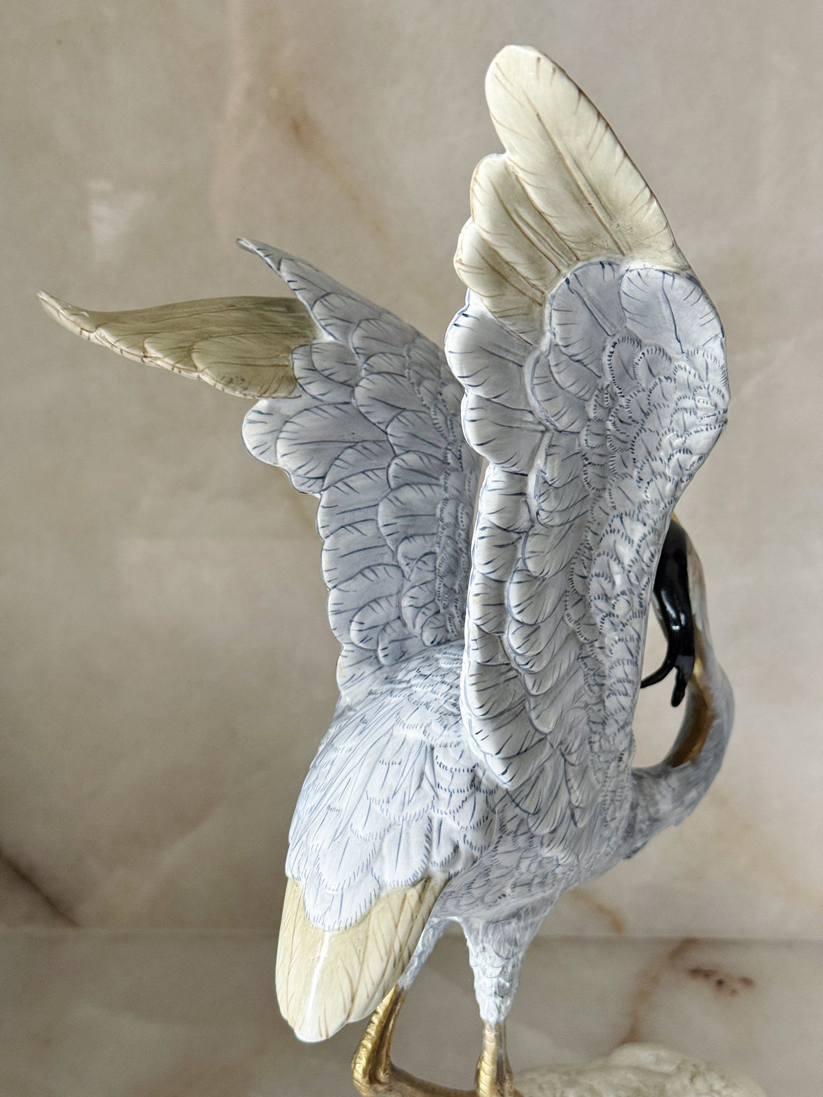 Porcelain Blue Heron in Flight with Bronze Ormolu Detailing 