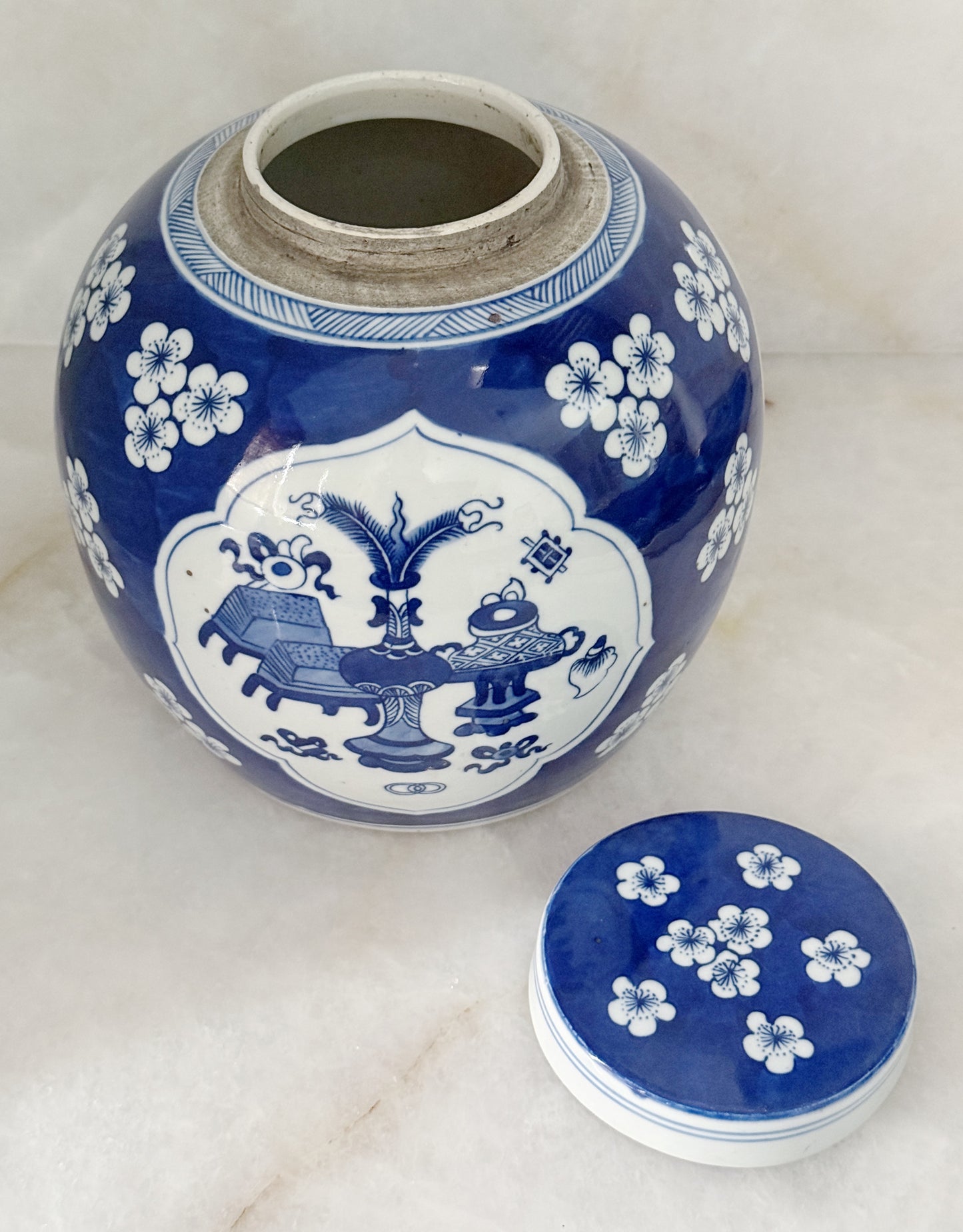 Blue & White Porcelain Ginger Jar with Plum Blossom Motif
