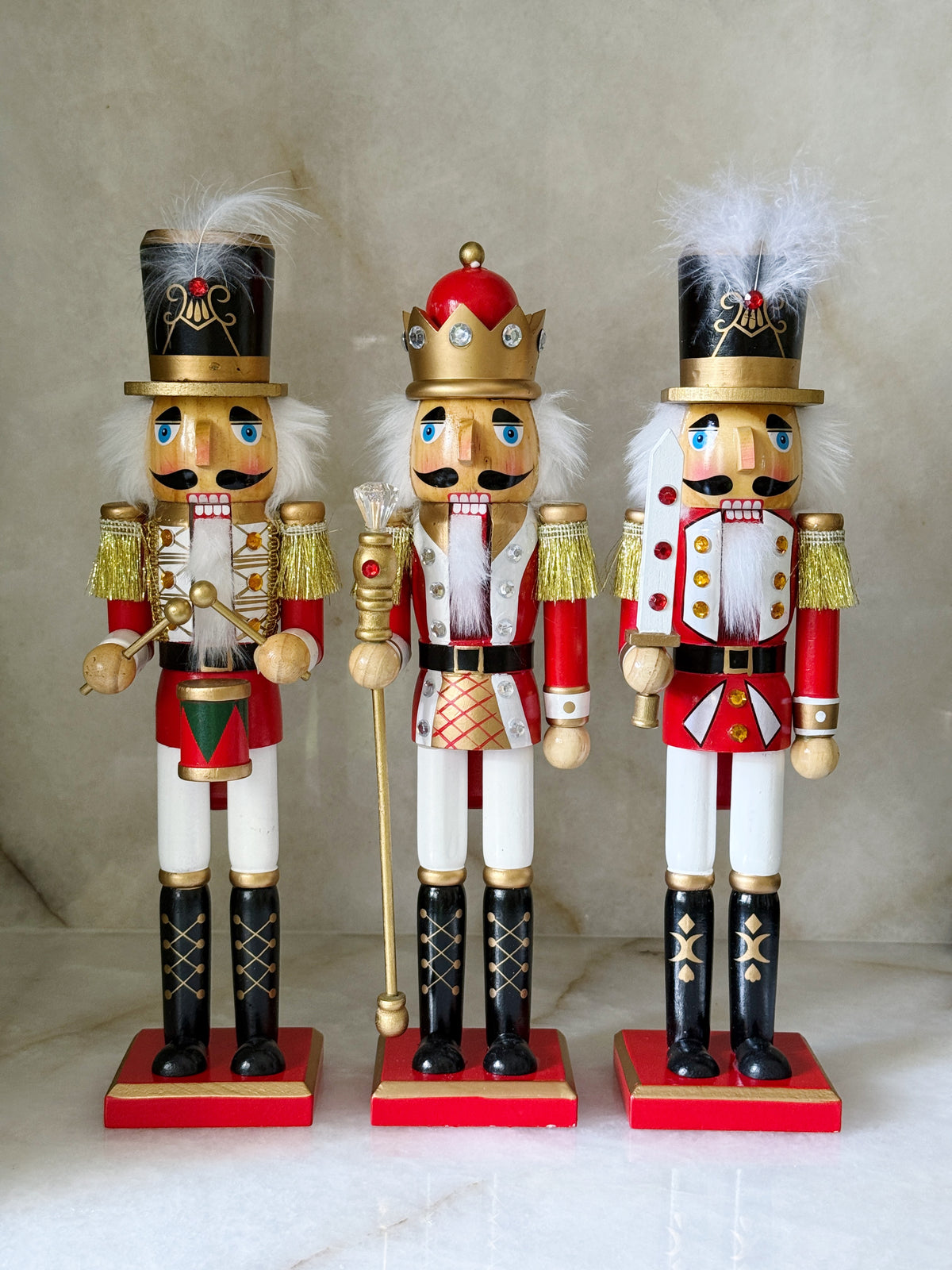 Set of Three 15" Red & White Wooden Soldier Nutcrackers