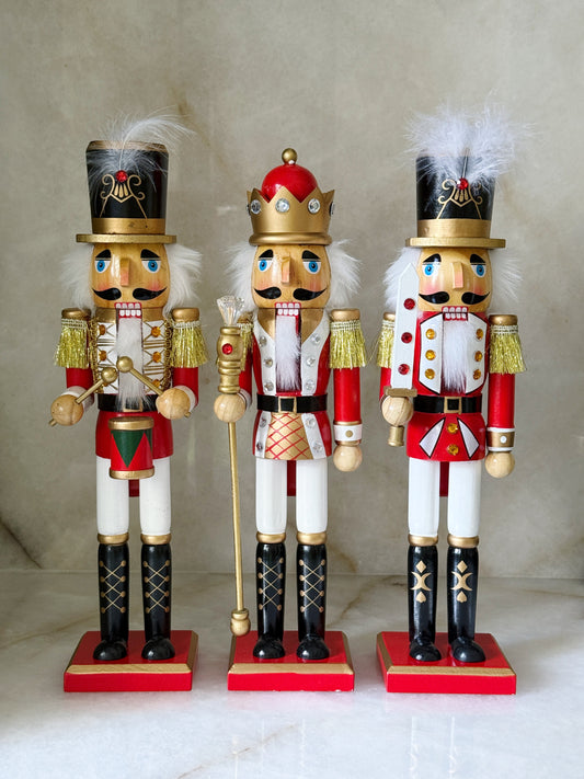 Set of Three 15" Red & White Wooden Soldier Nutcrackers