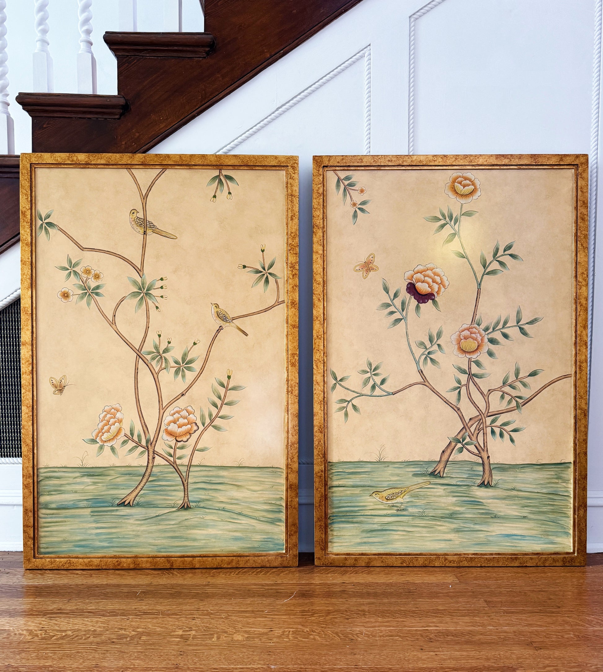 Hand-Painted Framed Chinoiserie Bird Panels, Set of 2