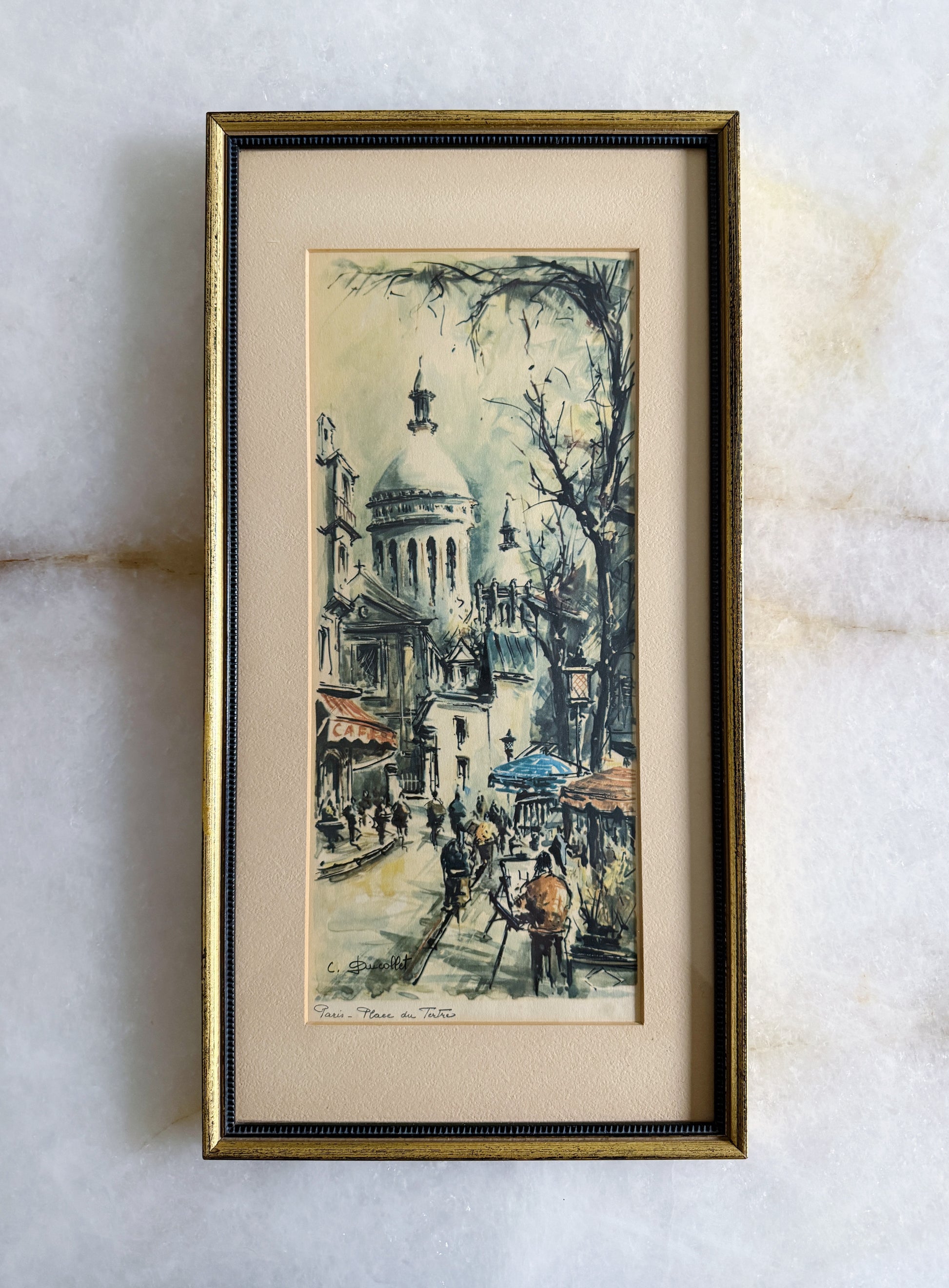 Vintage Framed Paris Street Scene Print | Place du Tertre, Montmartre