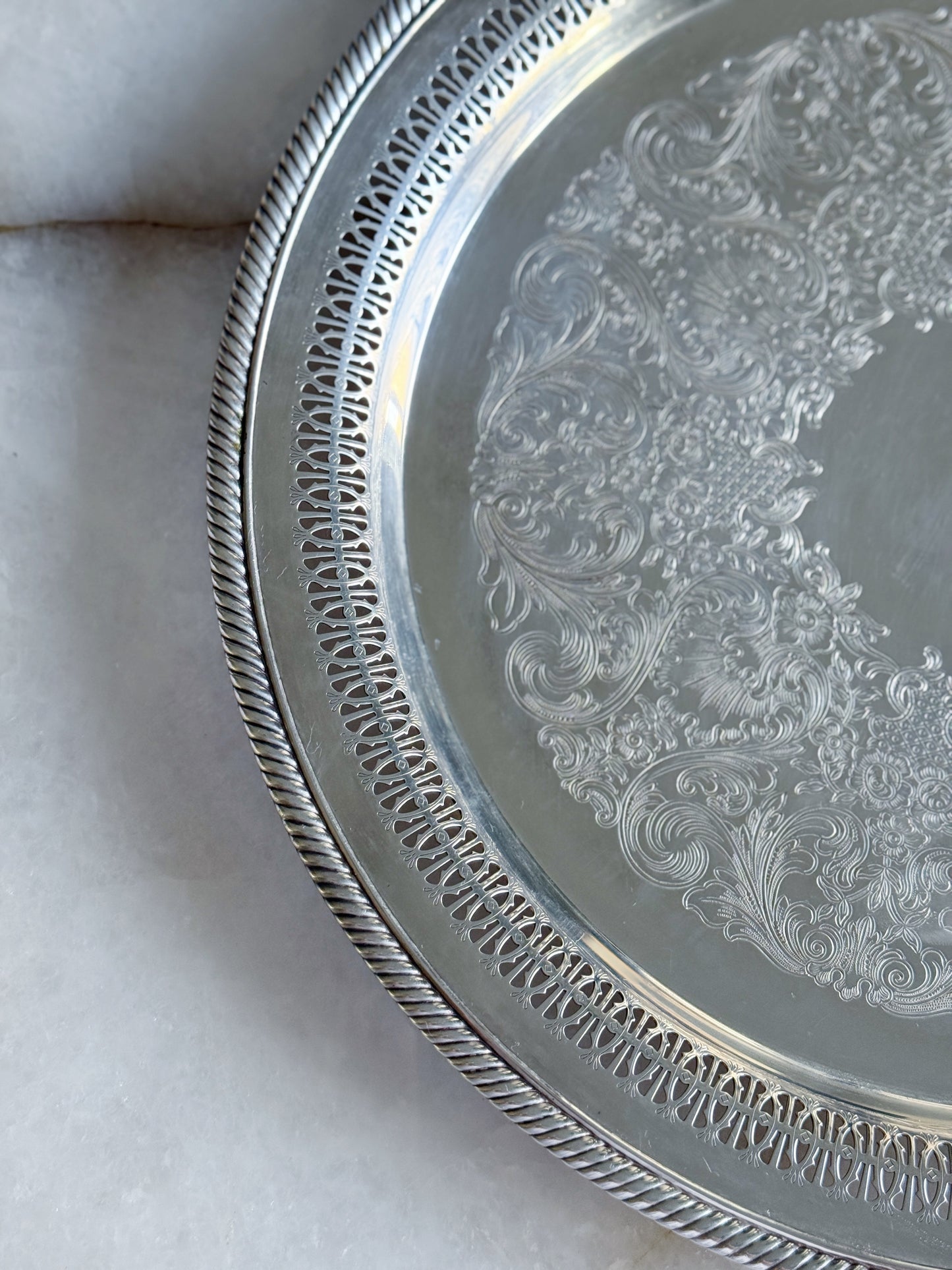 Vintage Silver Serving Tray with Reticulated Detail