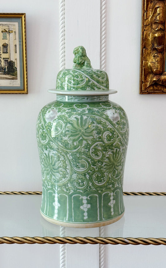 Green & White Scrolling Lotus Temple Jar