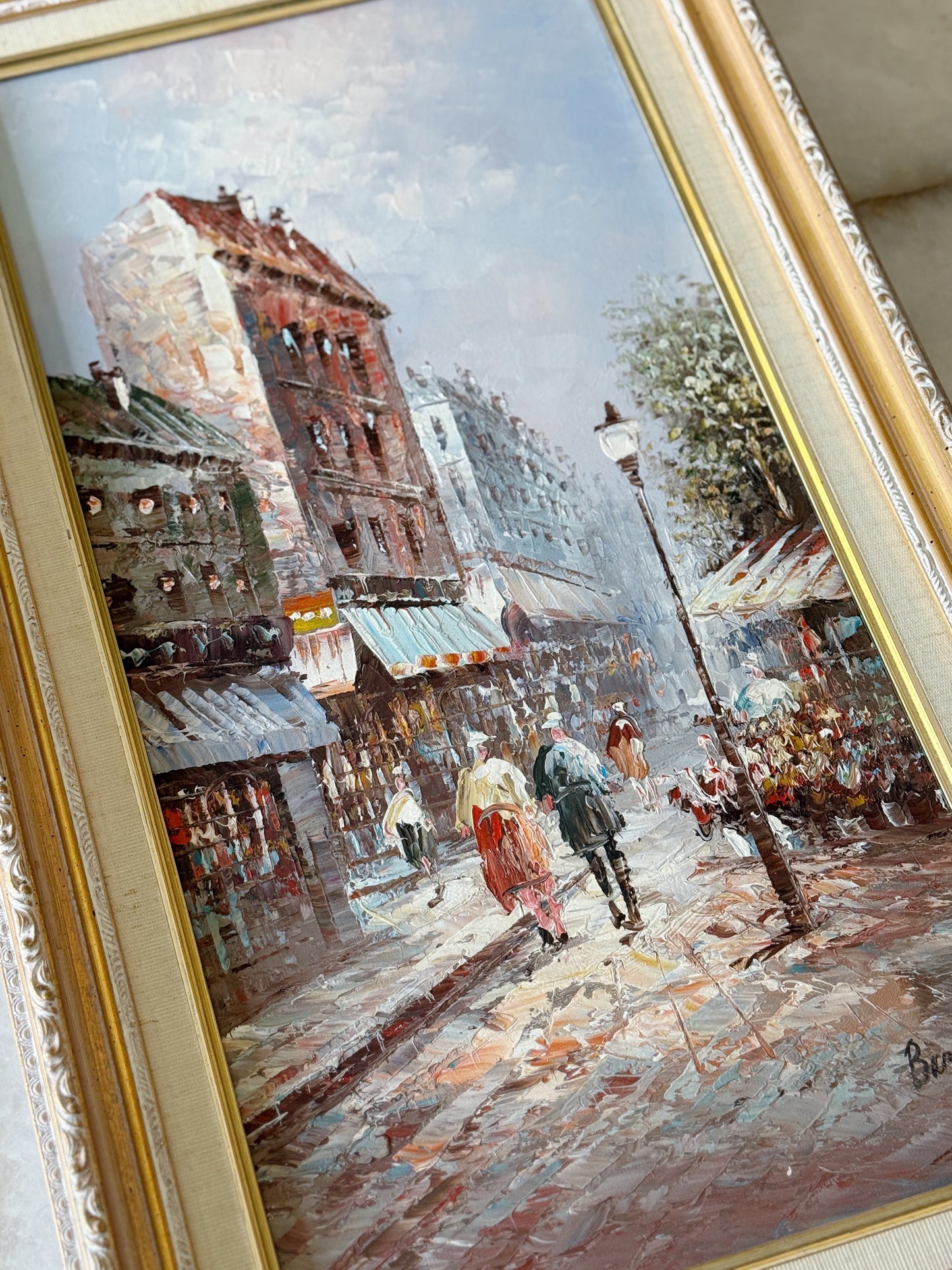 Vintage French Street Scene Framed Oil Painting