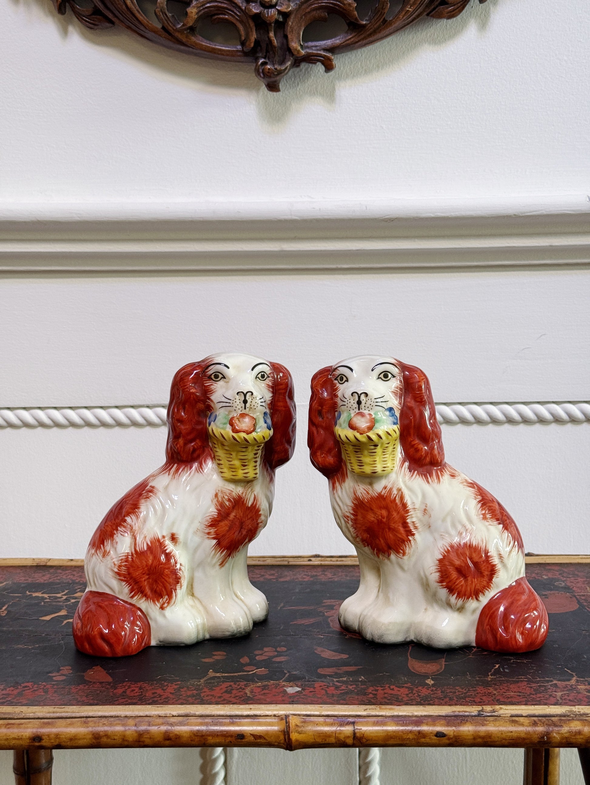 Orange Staffordshire Flower Basket Dogs – Pair