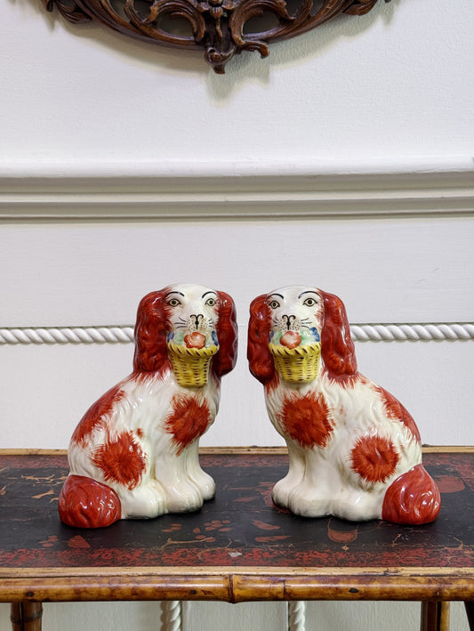 Orange Staffordshire Flower Basket Dogs – Pair