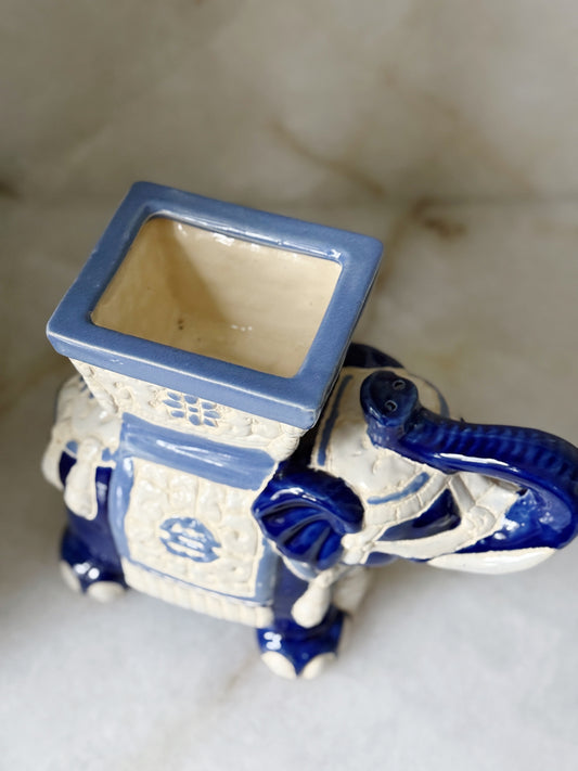 Vintage blue and white elephant planter 