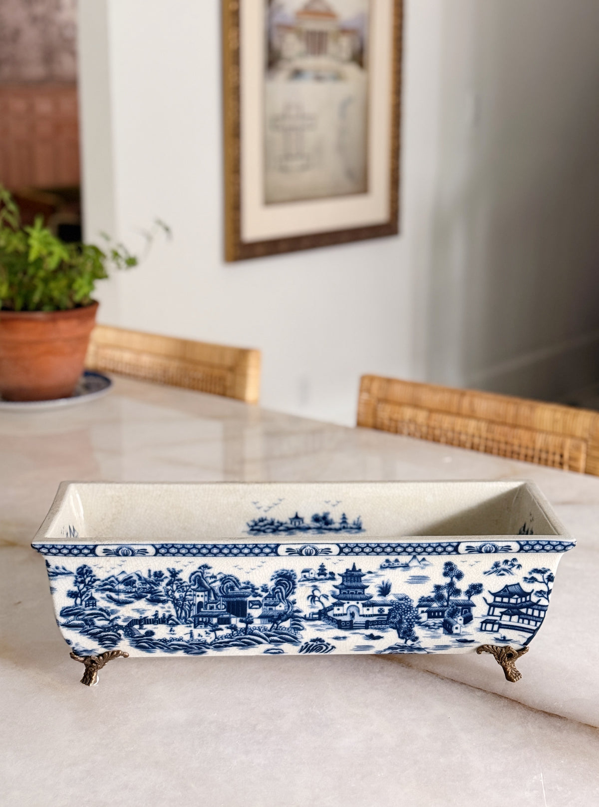 Blue Willow Porcelain Rectangular Planter with Bronze Ormolu Feet