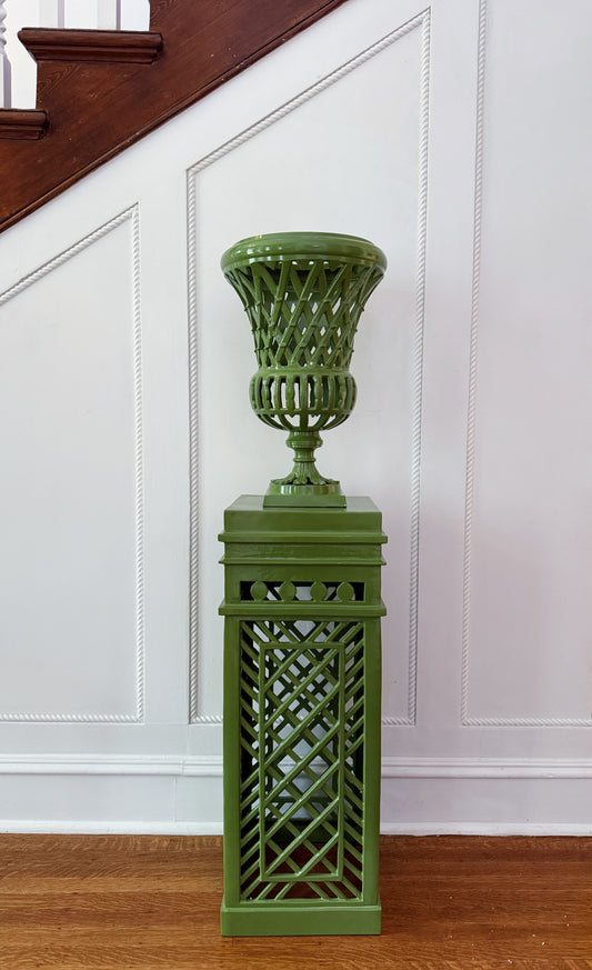 English Garden Fretwork Urn and Pedestal Set in Pistachio Green styled in a traditional foyer 