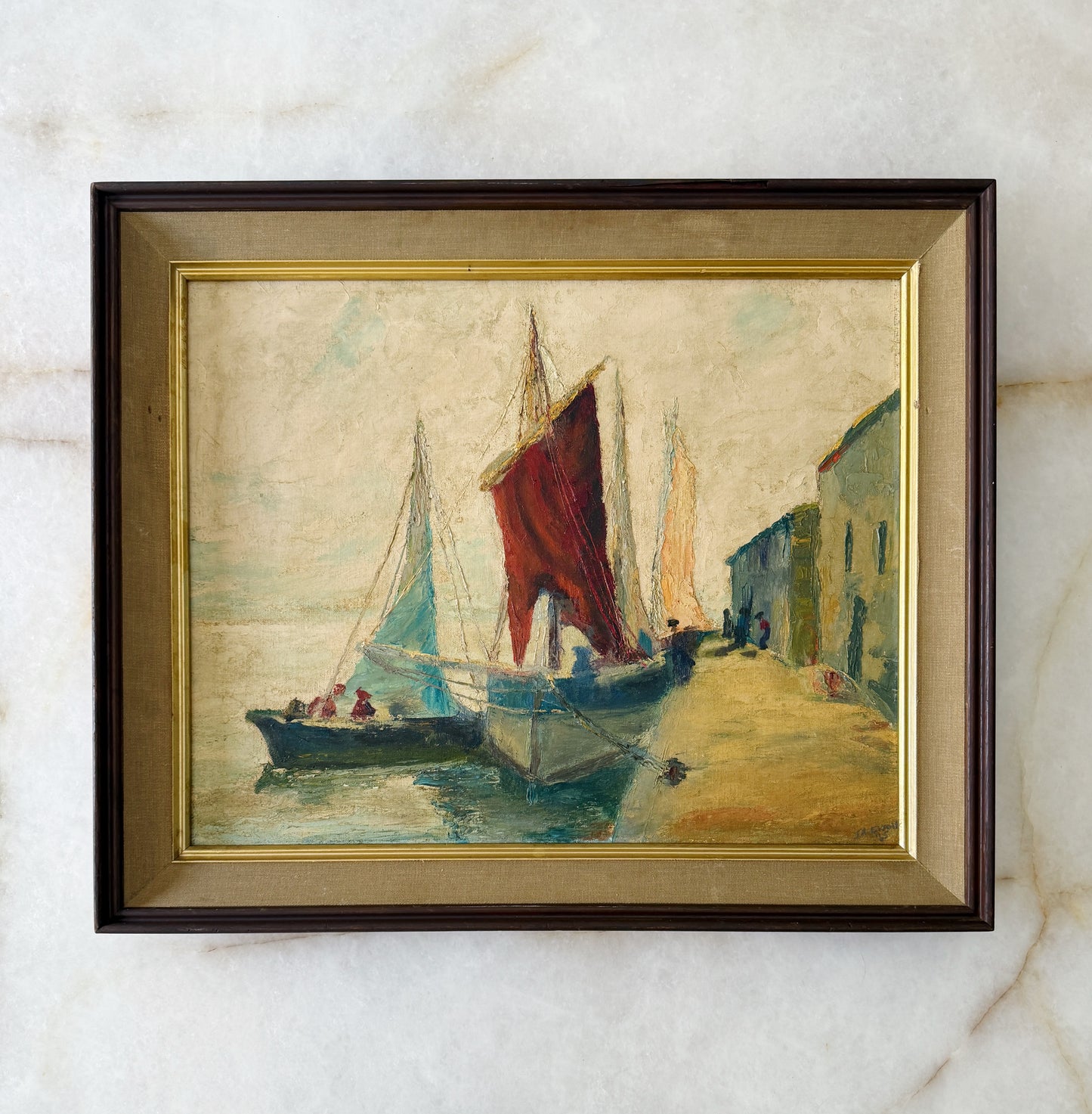 Vintage European Harbor Oil Painting in Wood & Linen Frame | Textured Coastal Seascape