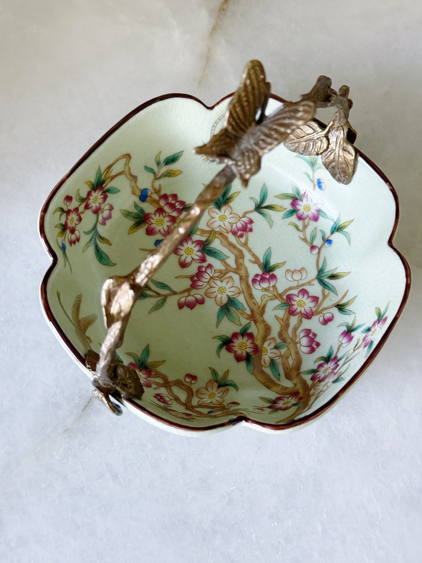 Chinoiserie Porcelain Floral Bowl with Bronze Ormolu Handle & Butterfly Detail