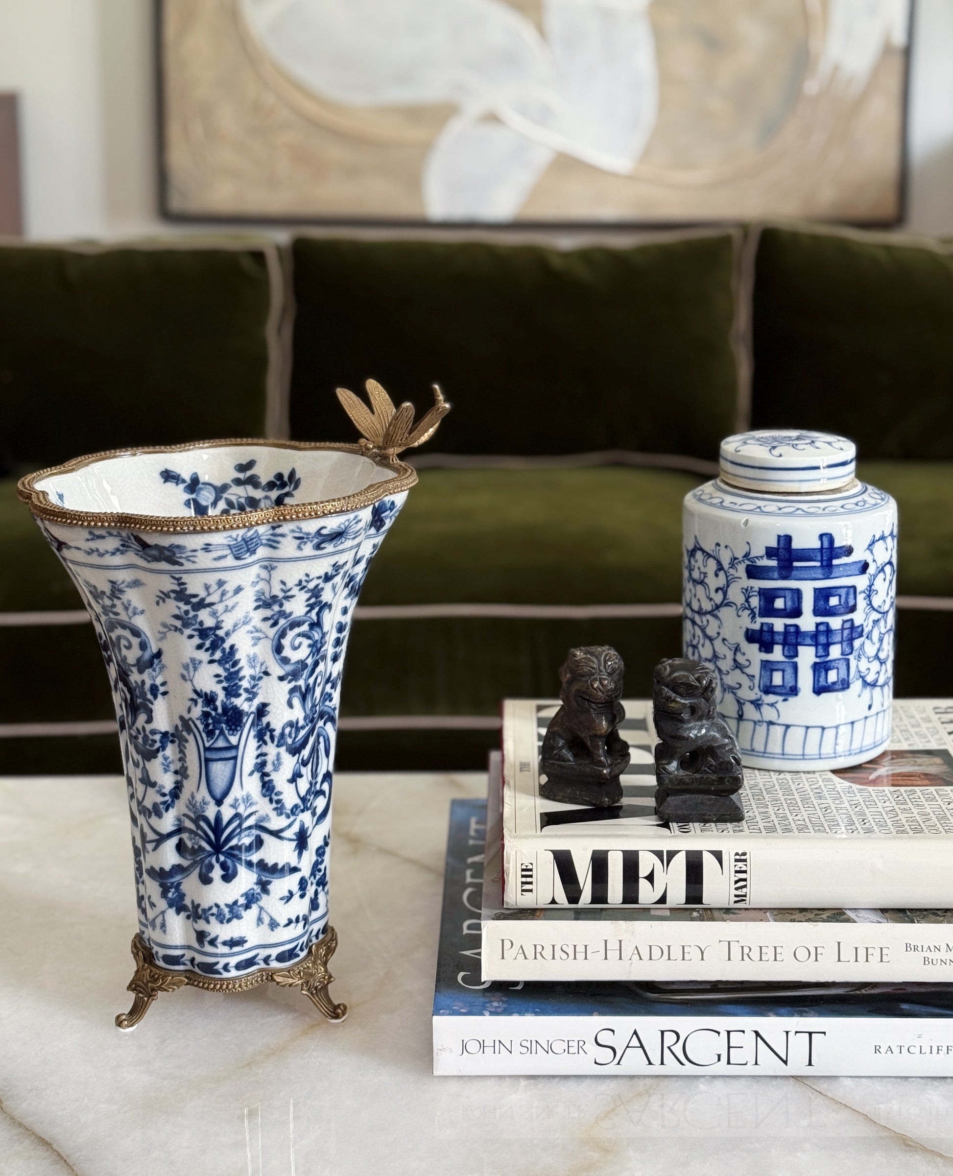 Blue & White Porcelain Vase with Bronze Ormolu Dragonfly Detail