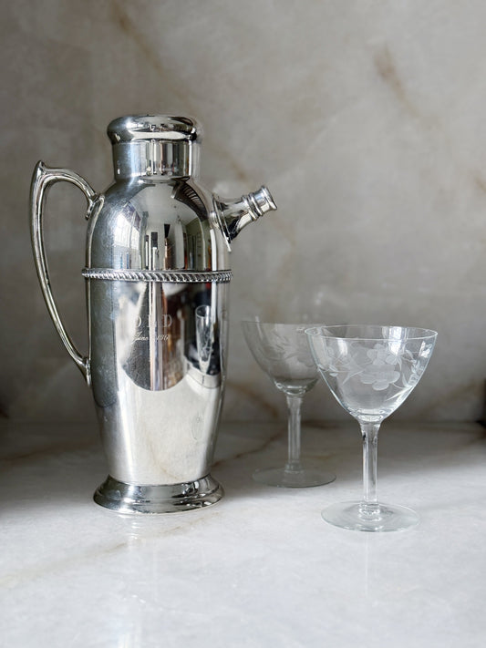 Vintage Engraved Silver Martini Shaker with etched martini glasses 