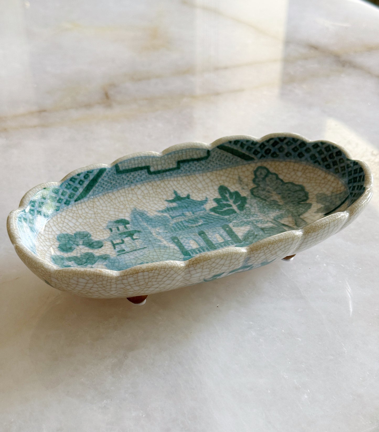 Turquoise & White Chinoiserie Oval Dish