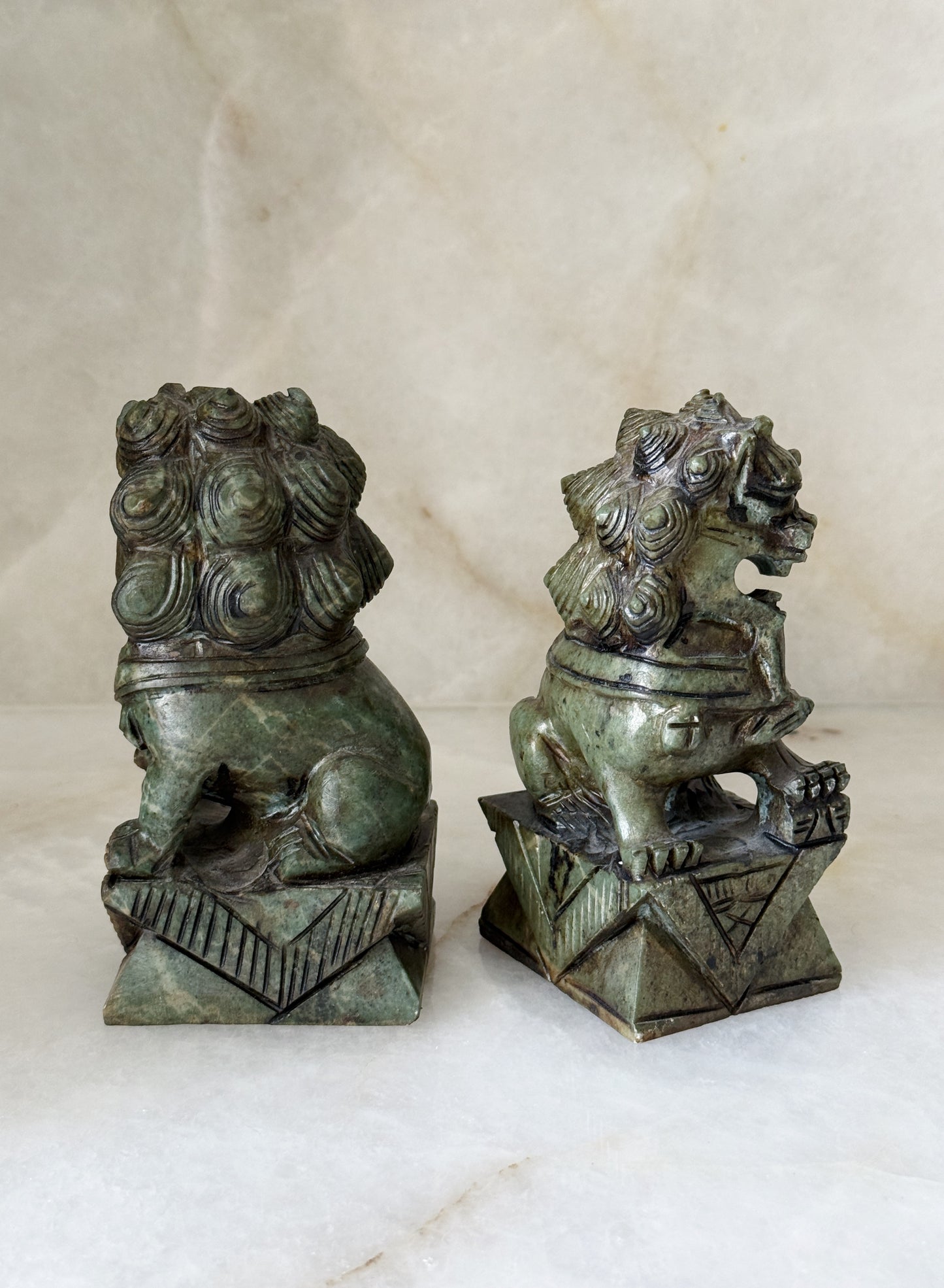 Vintage Hand Carved Jade Foo Dog Pair