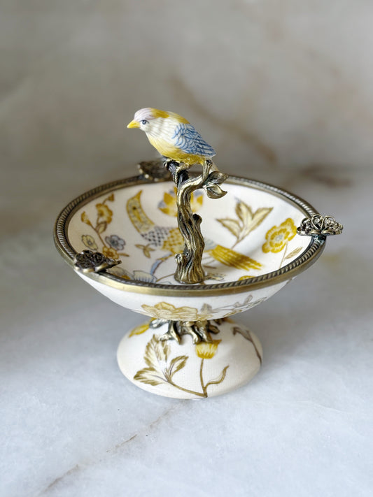 Hand Painted Small Dish with Bird Detail and Bronze Ormolu
