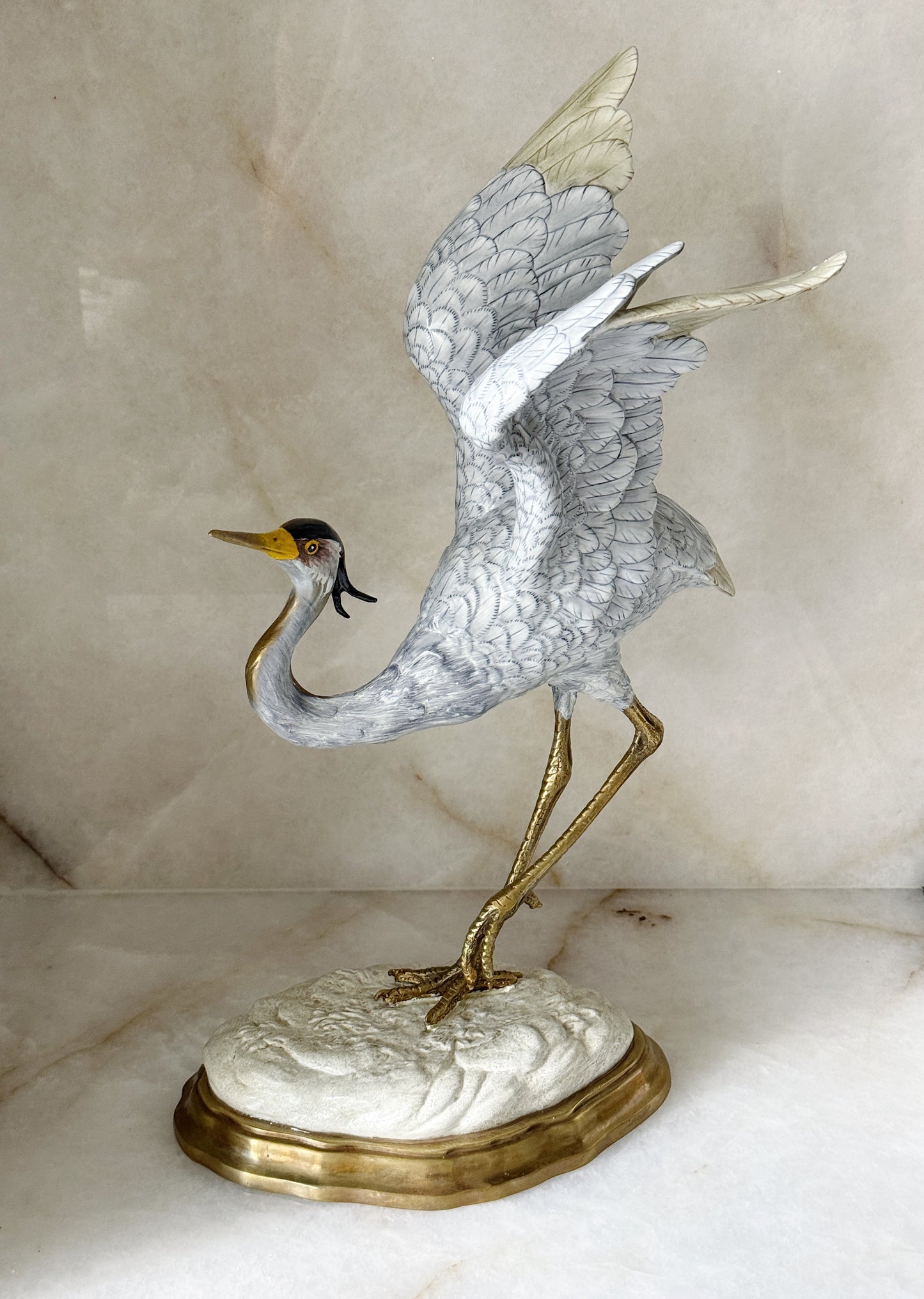 Porcelain Blue Heron in Flight with Bronze Ormolu Detailing 