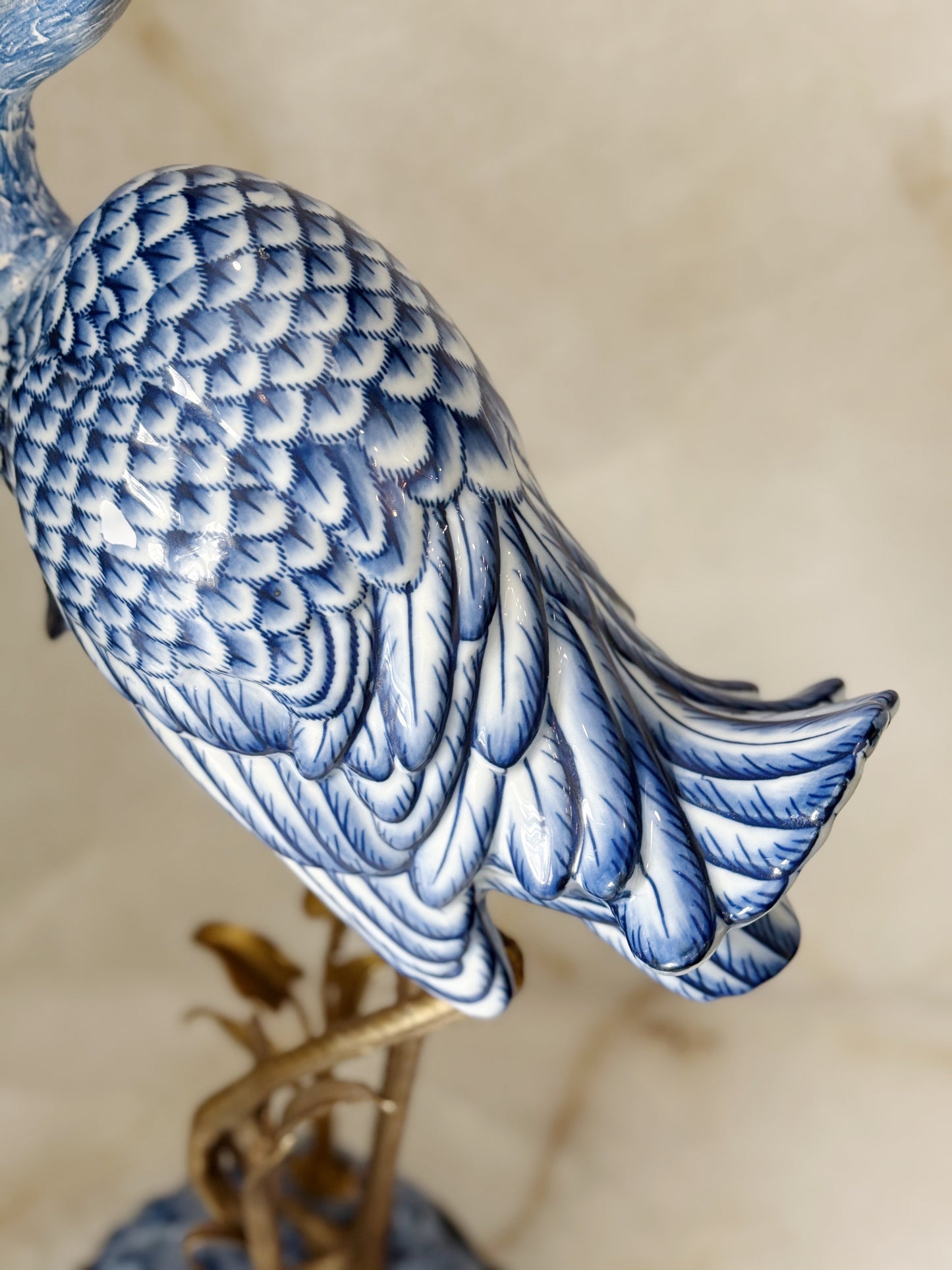 Large Blue & White Porcelain Egret Sculpture