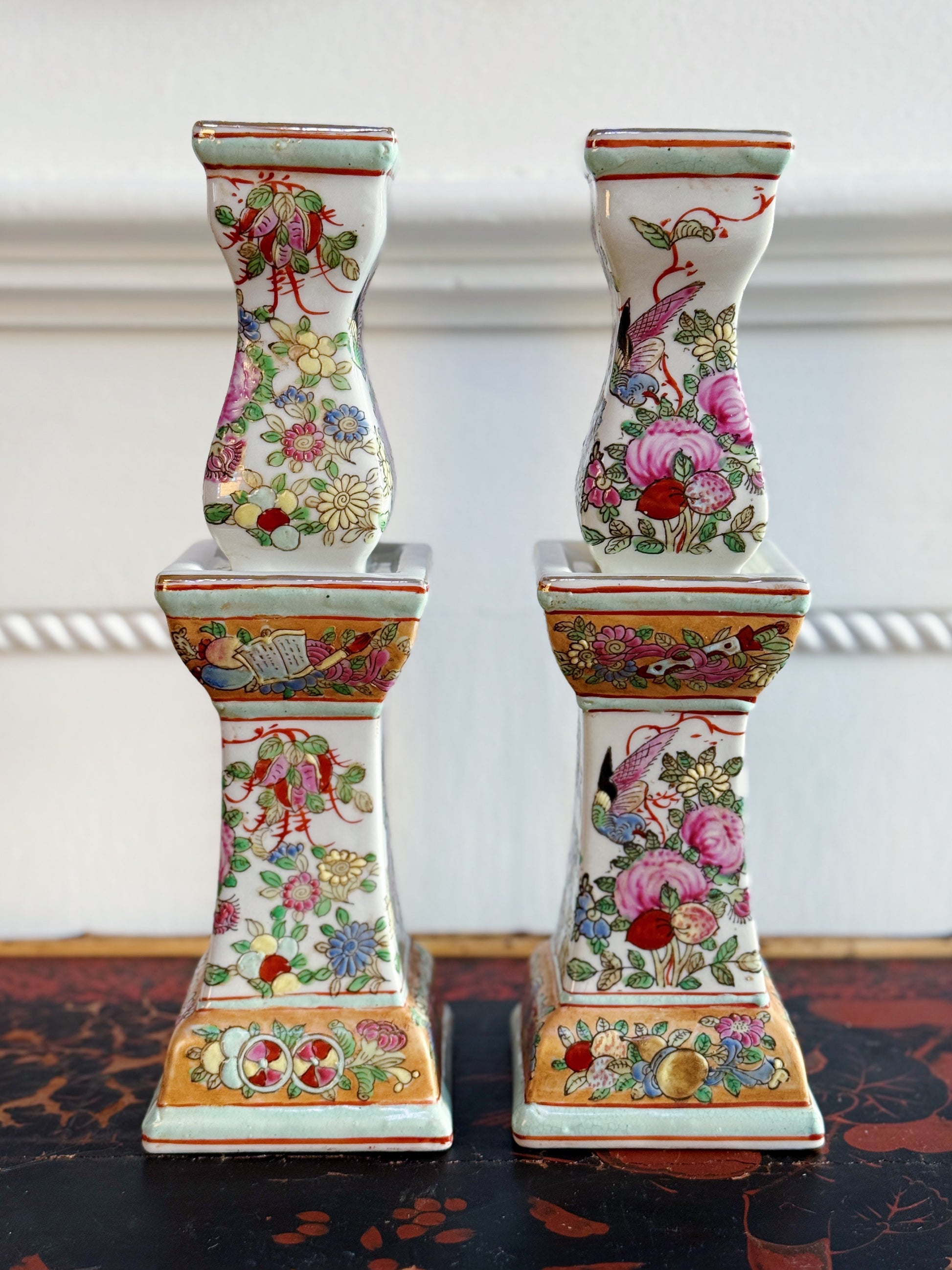 Set of Vintage Hand Painted Famille Rose Candle Holders