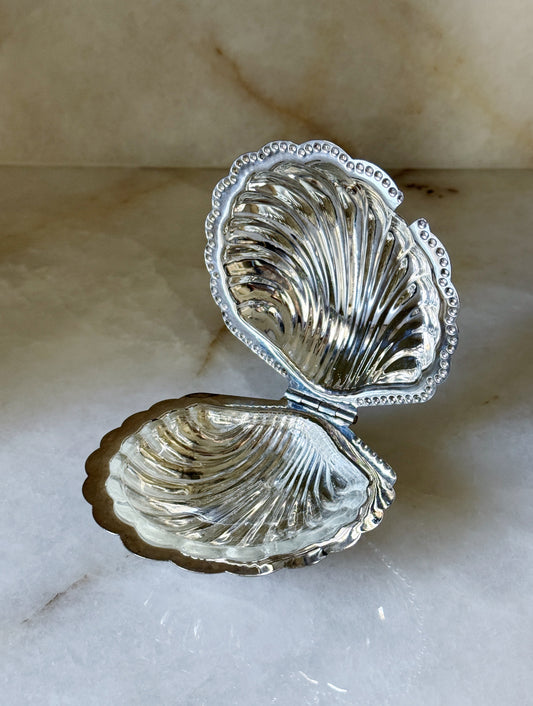 Vintage Silver Shell Caviar Dish with Glass Insert 