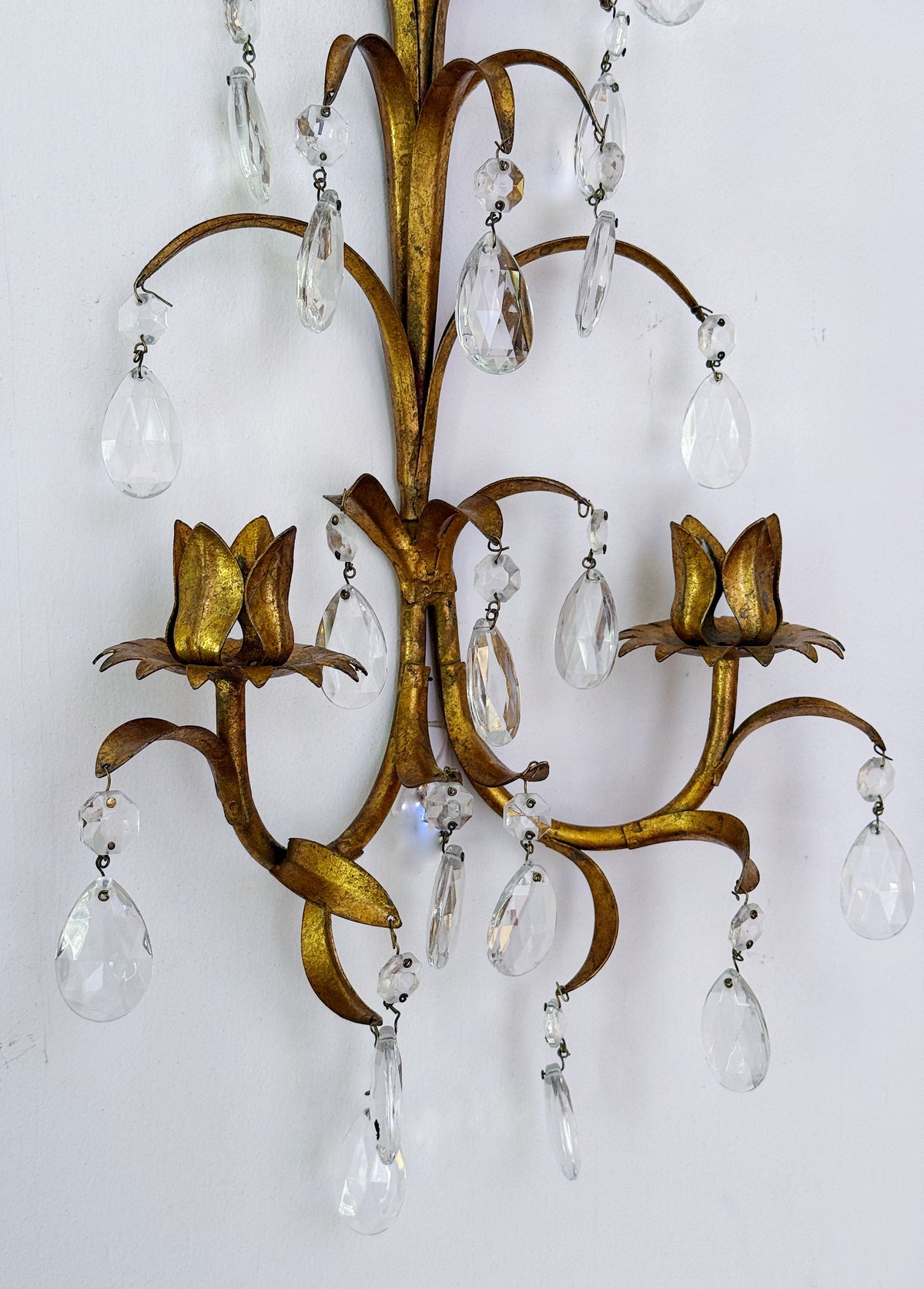 Vintage Gilt Tole Two-Arm Crystal Candle Sconce