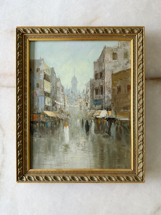 Vintage Framed Oil Painting – Impressionist City Scene