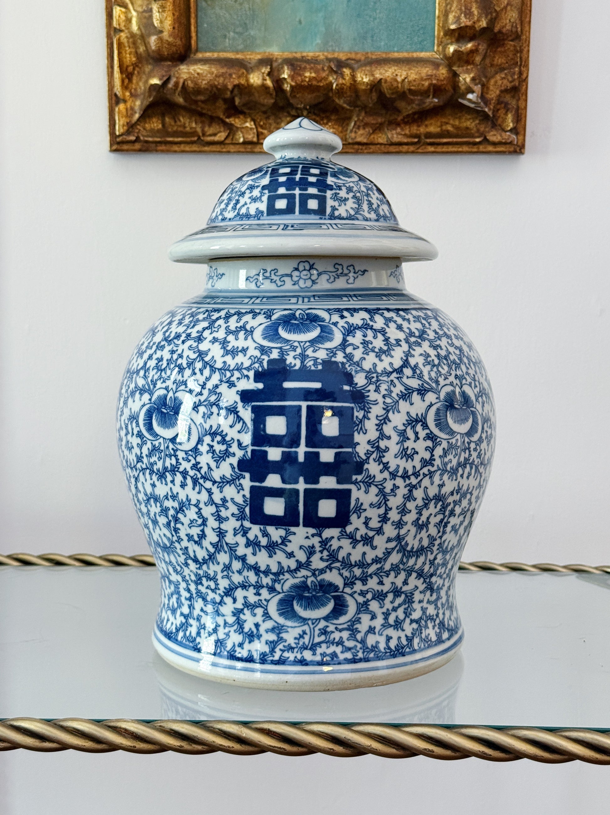 Blue & White Chinoiserie Double Happiness Temple Jar