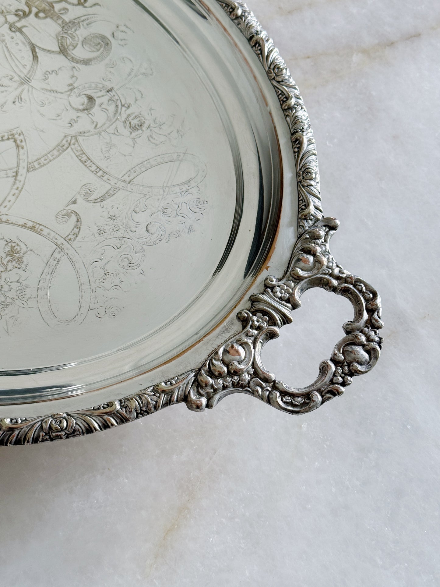 Vintage Silver-Plated Serving Tray with Ornate Handles
