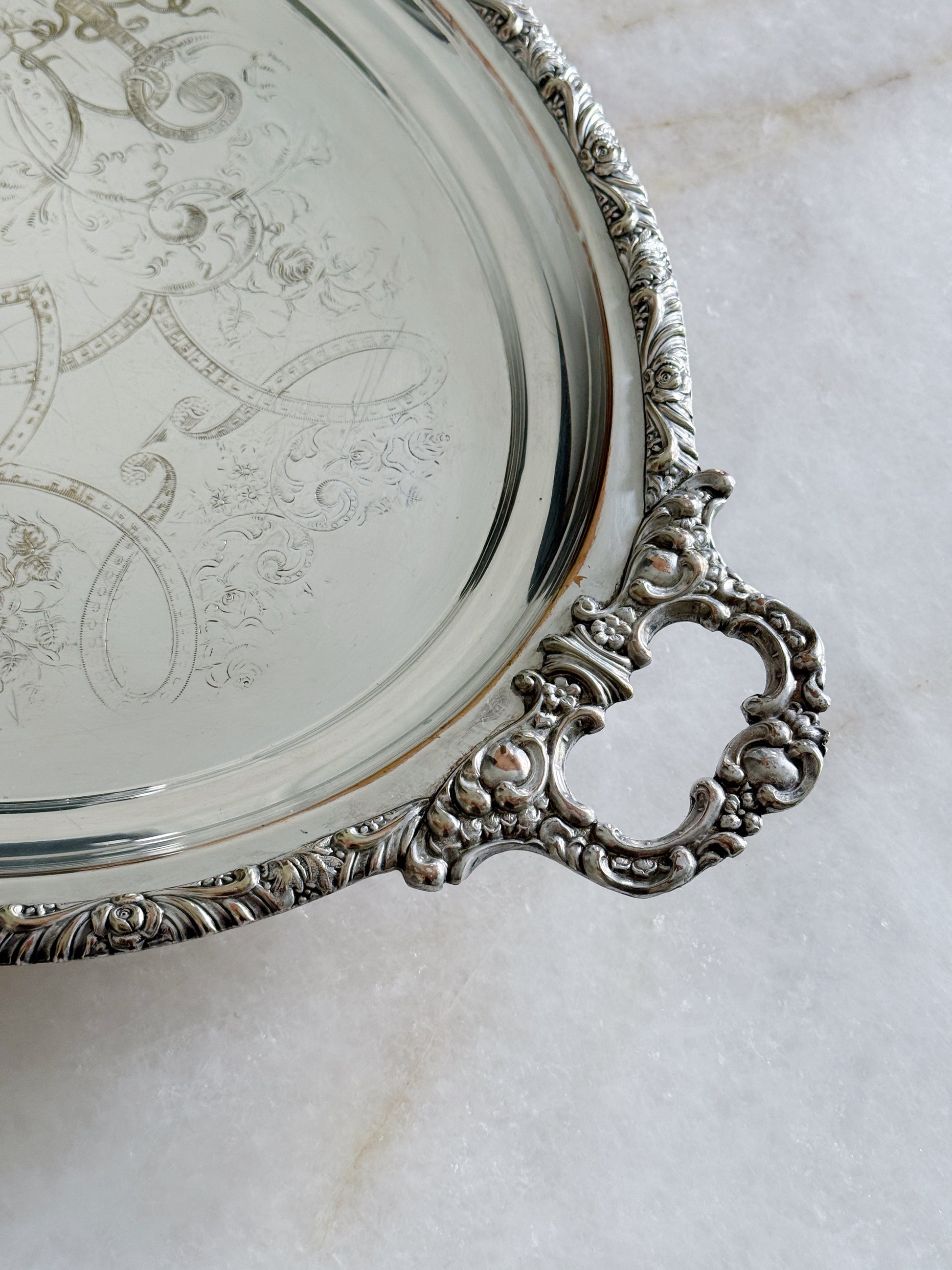 Vintage Silver-Plated Serving Tray with Ornate Handles