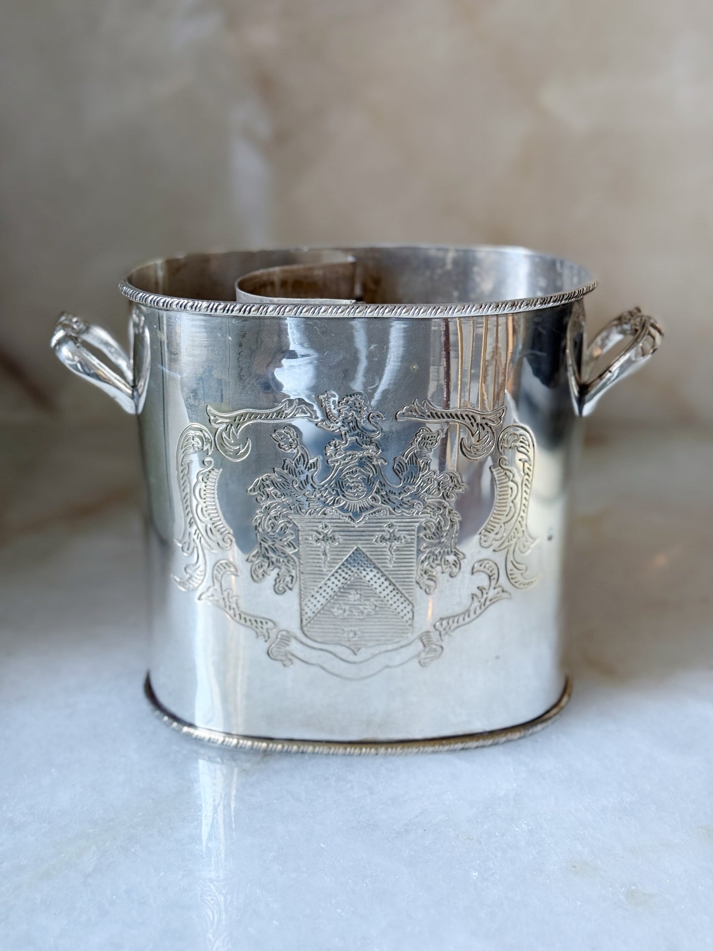 Vintage Silver Wine Cooler with Engraved Crest