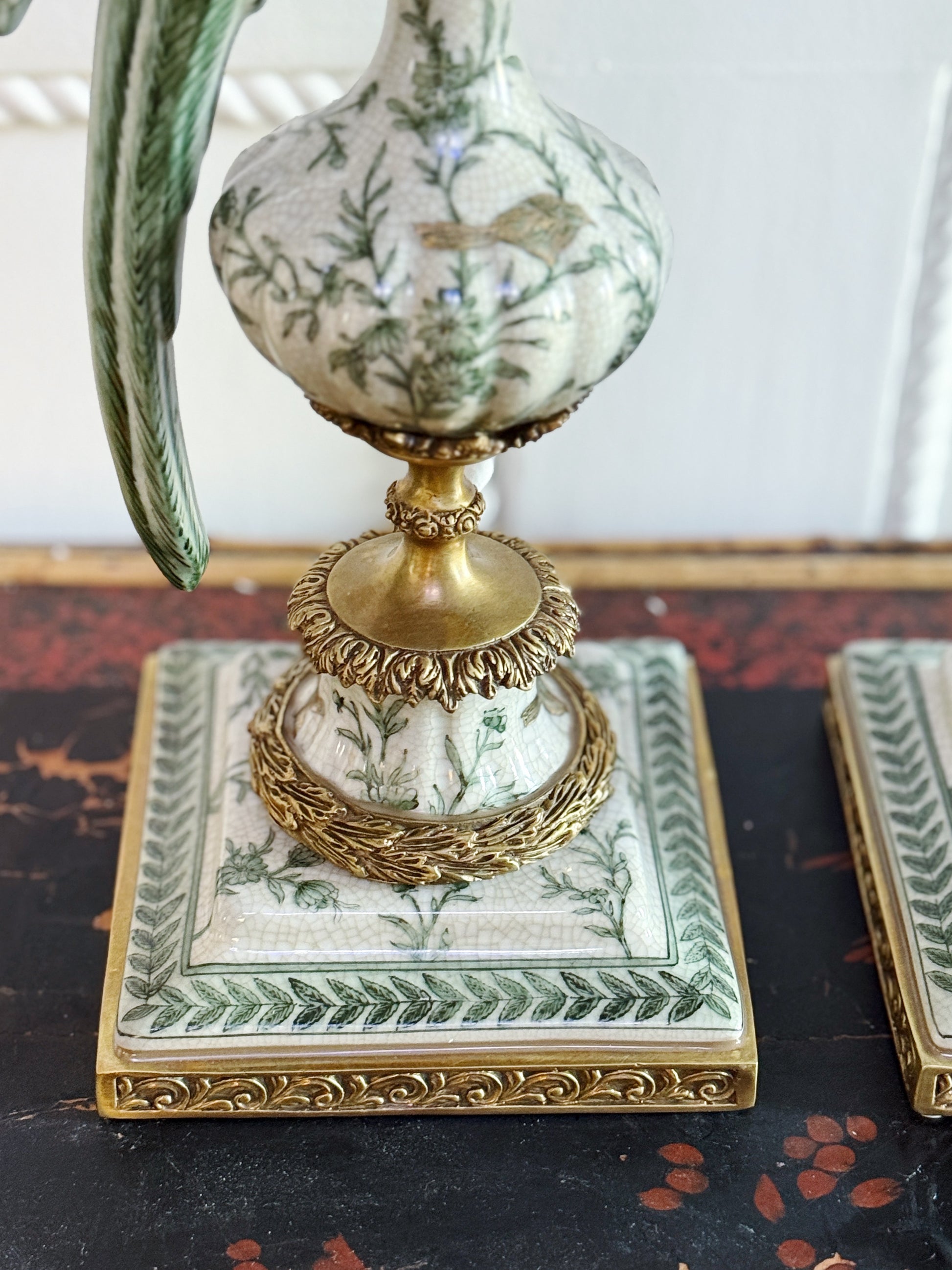 Sage Verdant Green & White Hand Painted Bronze Ormolu Parrot Candle Holders