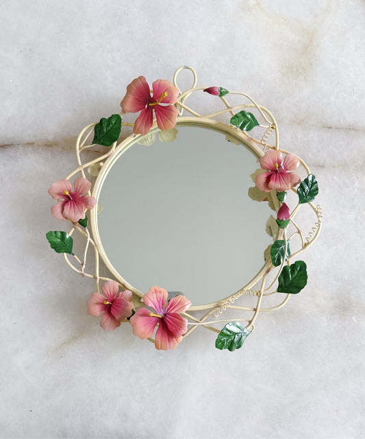 Vintage pink and green floral tole mirror