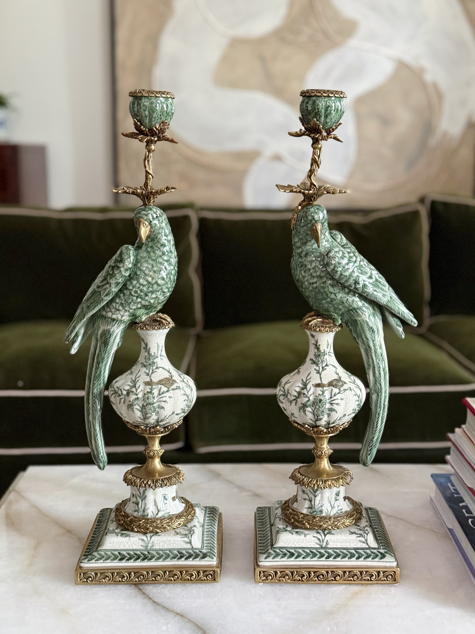 Hand-Painted Verdant Porcelain Parrot Candlesticks with Bronze Ormolu – Pair