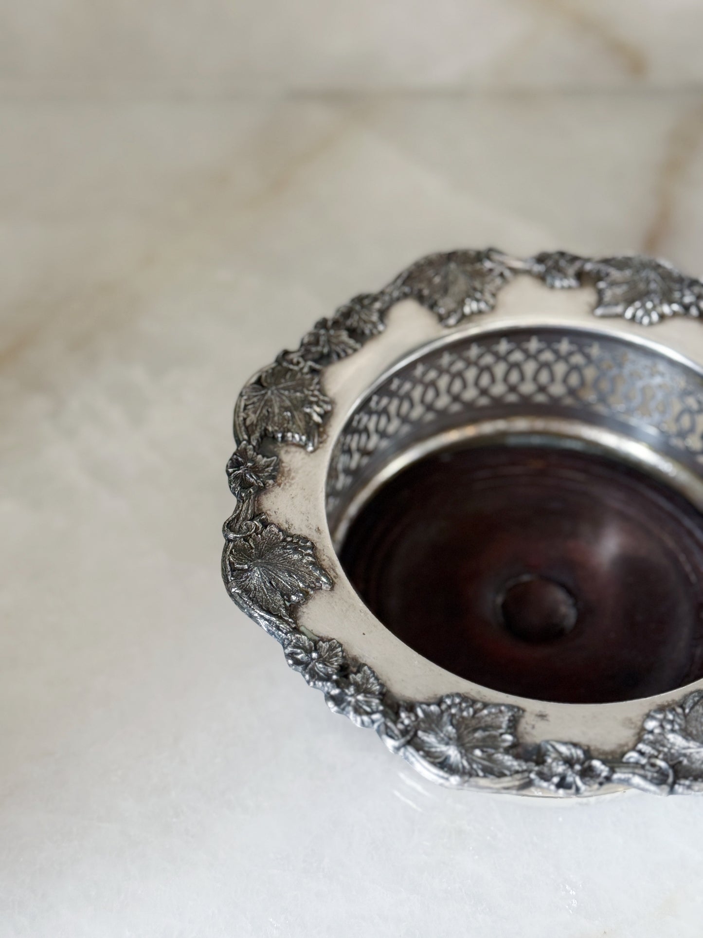 Vintage Silver Wine Coaster with Grape Leaf detail