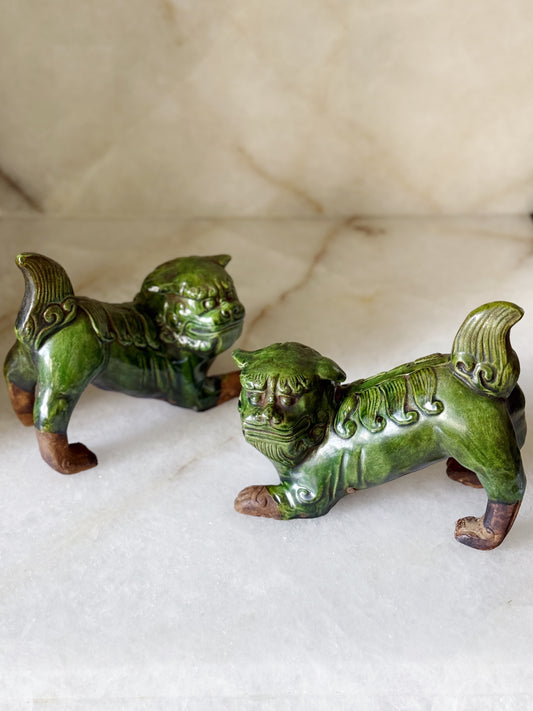 Set of Hand Carved Green Foo Dogs