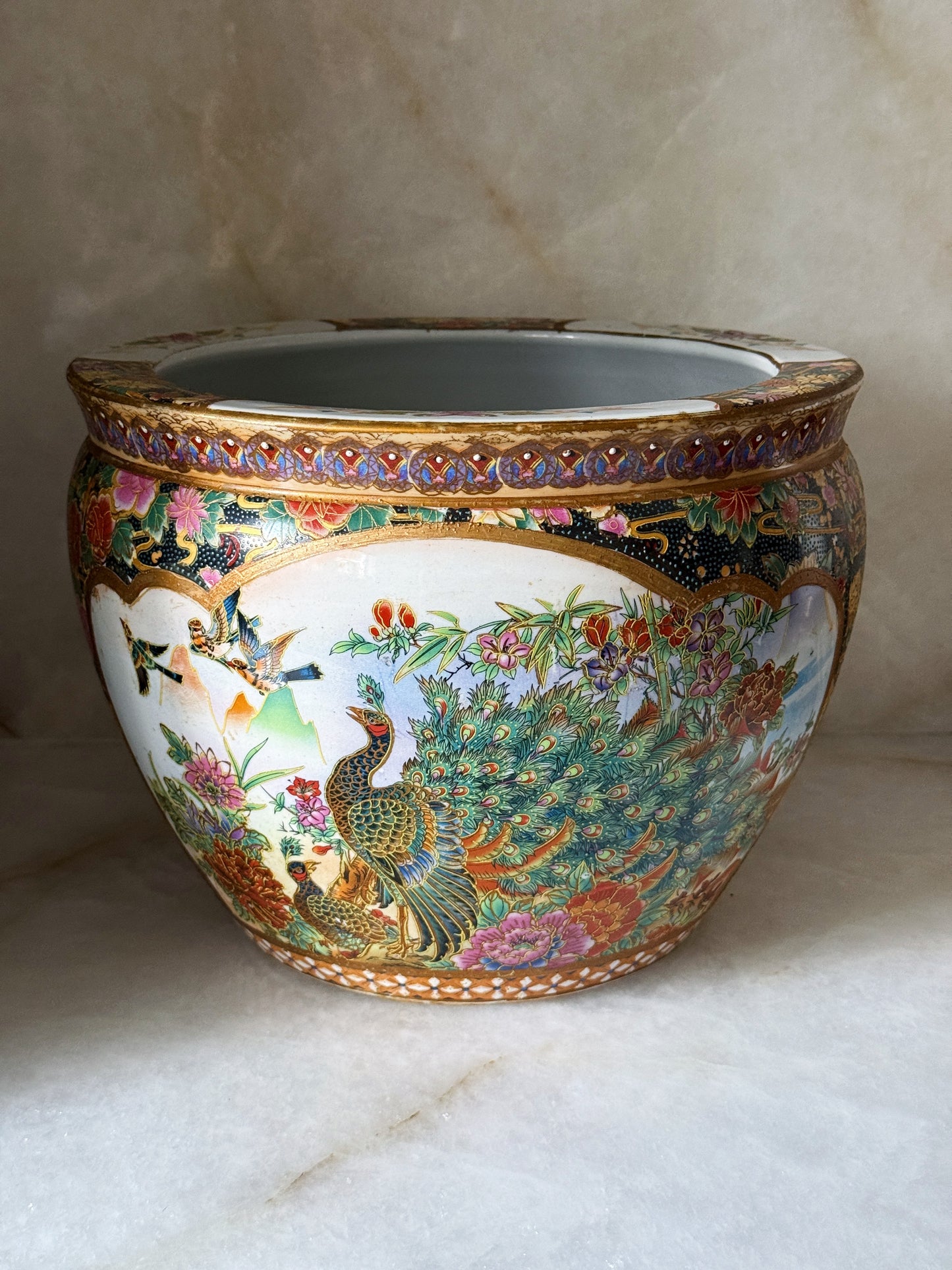 Vintage Hand Painted Peacock & Floral Porcelain Fishbowl