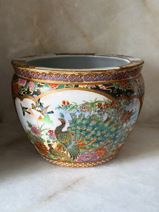 Vintage Hand Painted Peacock & Floral Porcelain Fishbowl