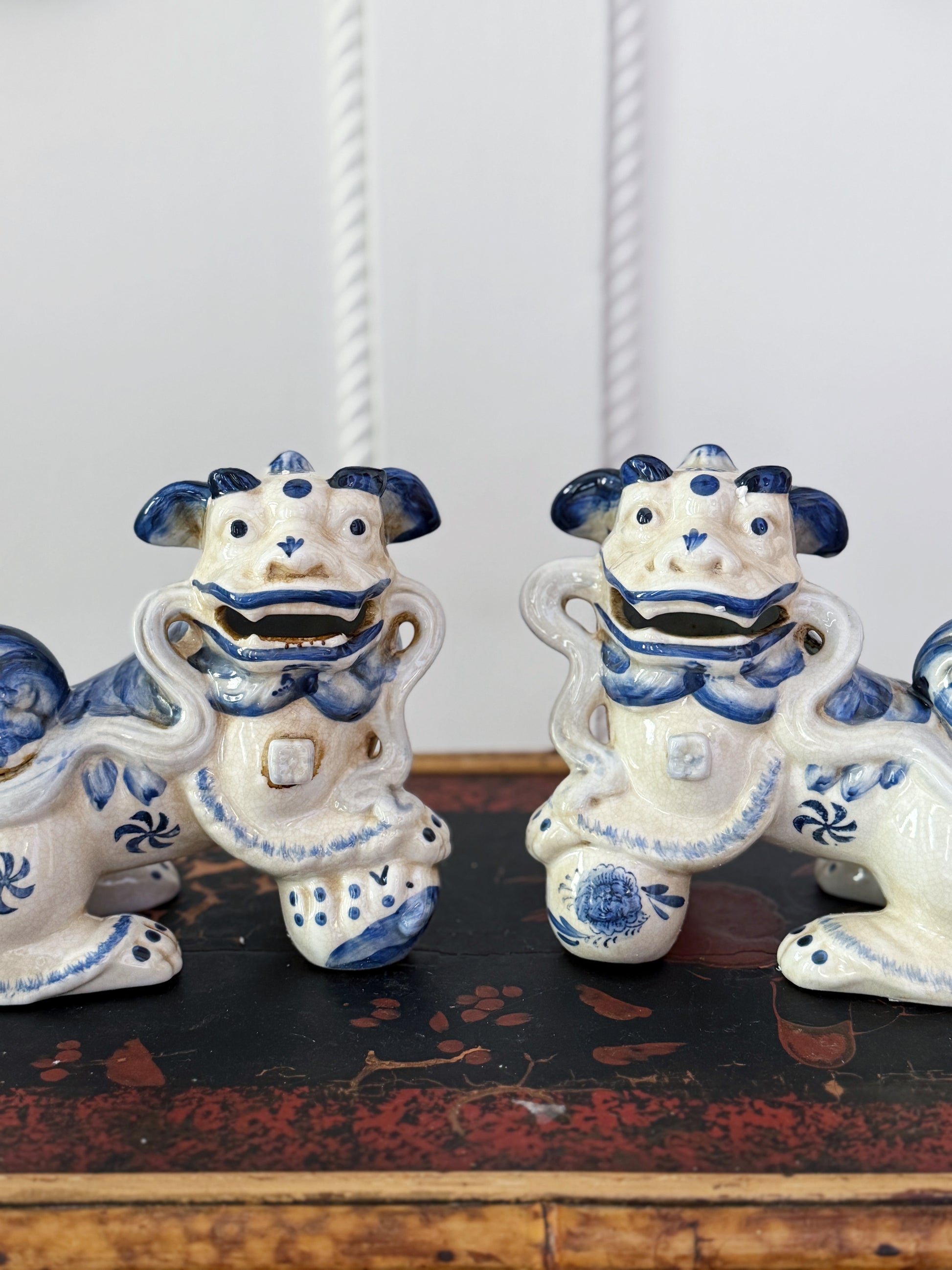 Set of Hand Painted Blue & White Foo Dogs