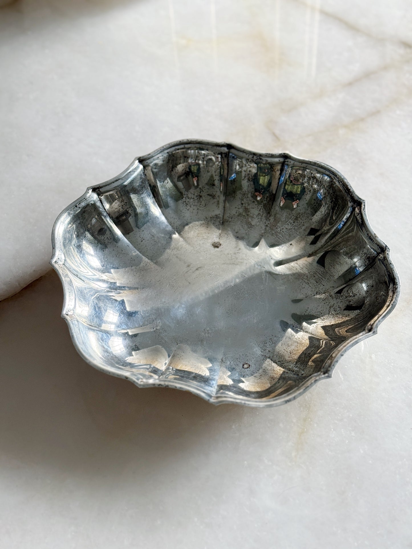 Vintage Silver Serving Tray with Scalloped Edge