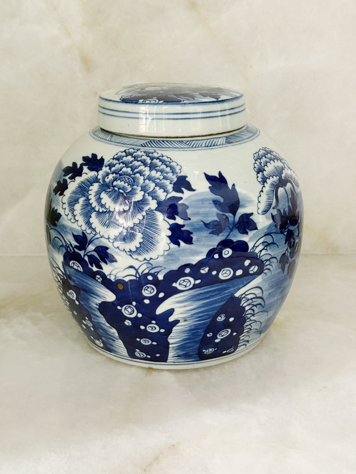 Blue & White Chinoiserie Peony Ginger Jar