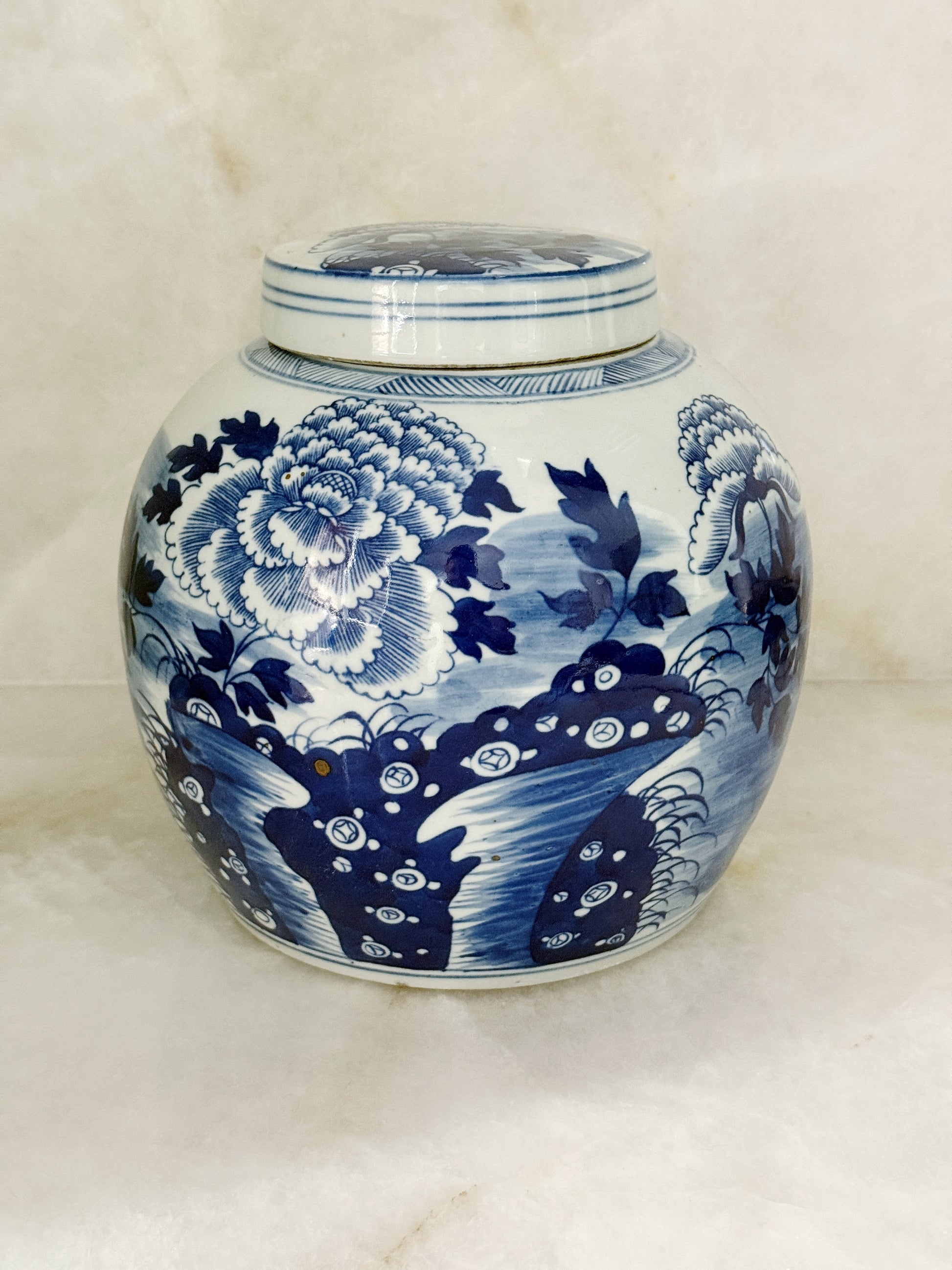 Blue & White Chinoiserie Peony Ginger Jar