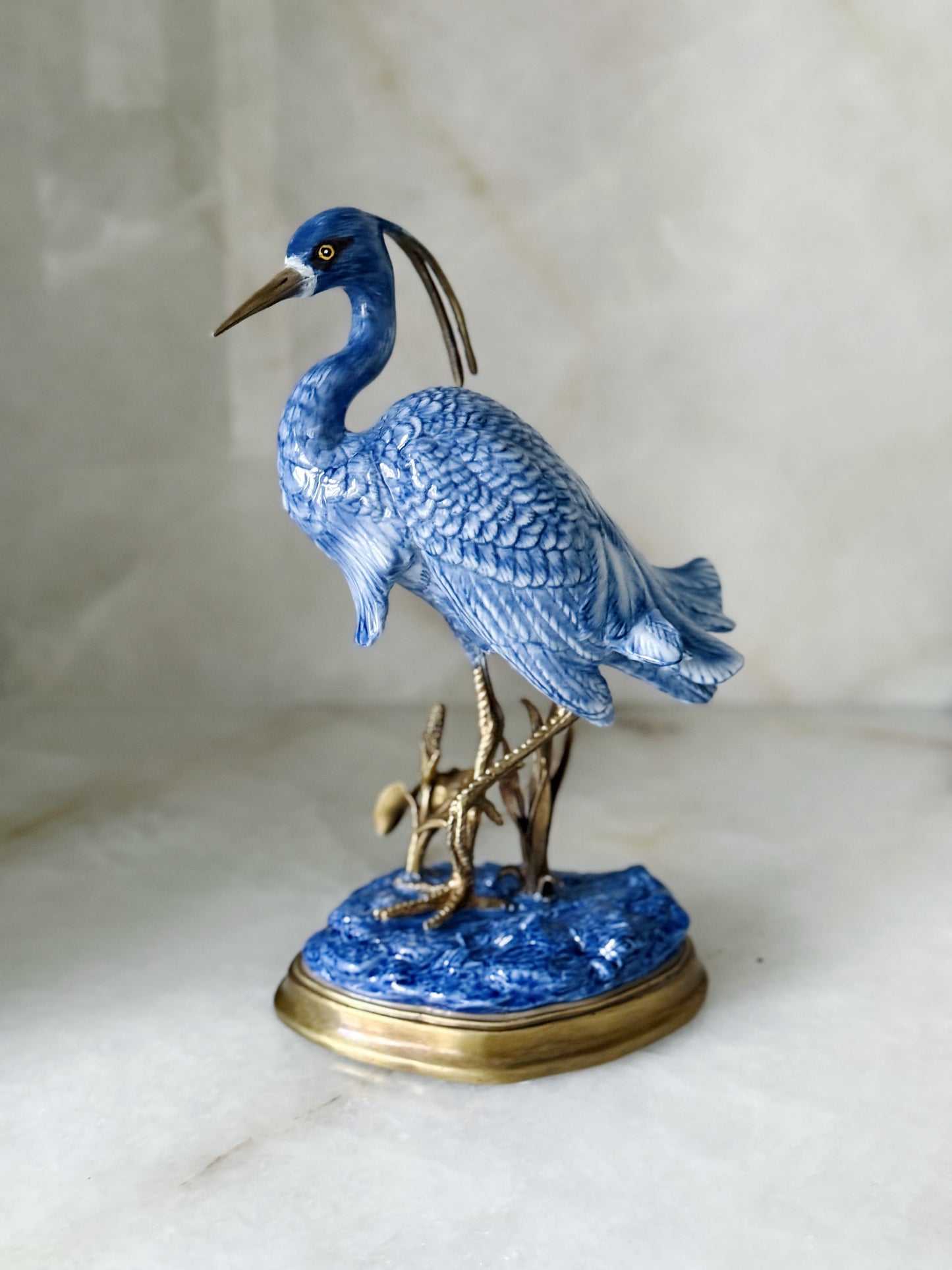 Hand-Painted Blue and White Heron Porcelain Sculpture with Bronze Ormolu Base