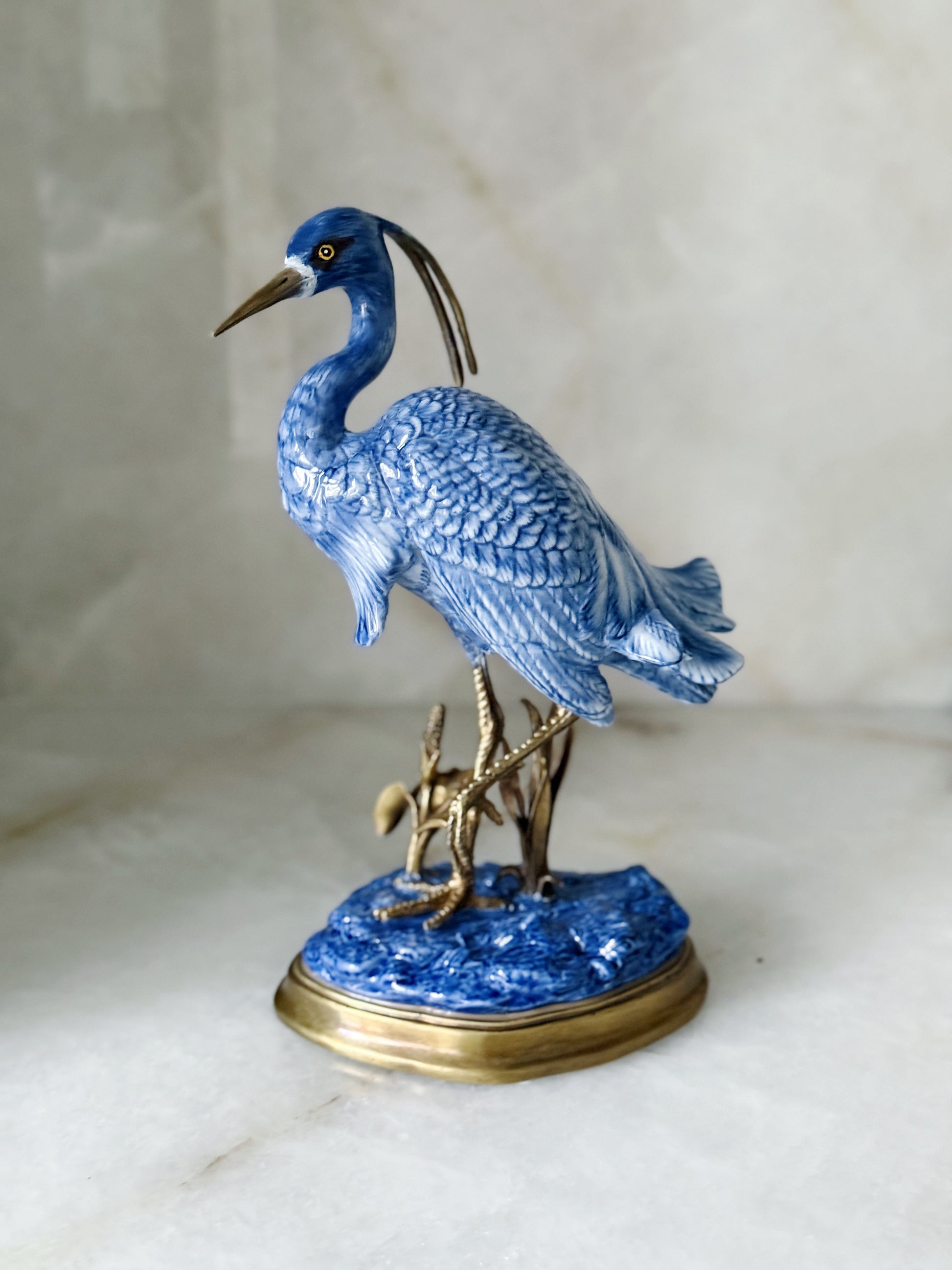 Hand-Painted Blue and White Heron Porcelain Sculpture with Bronze Ormolu Base