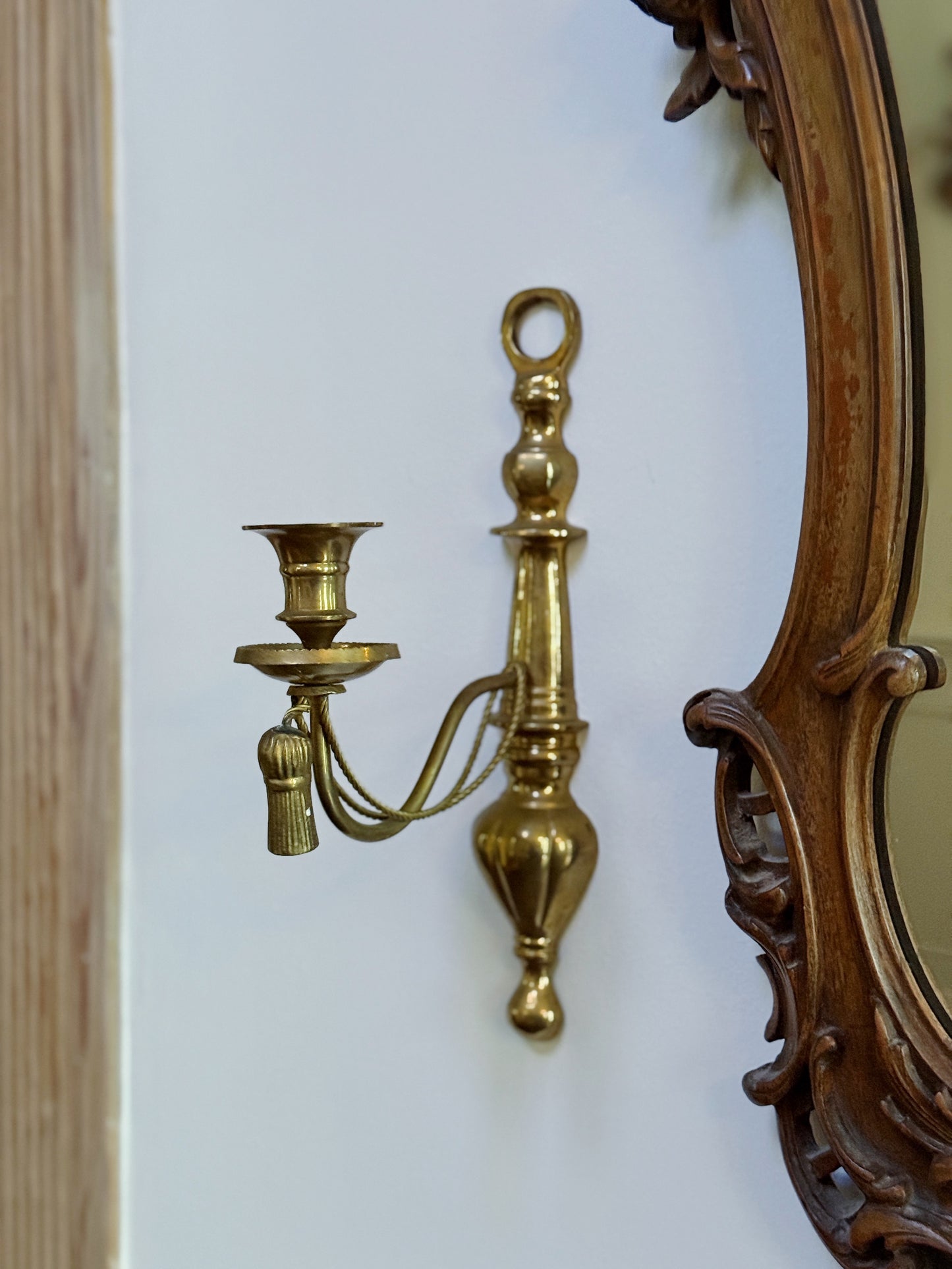 Set of Vintage Brass Candle Sconces with Rope and Tassel Detail