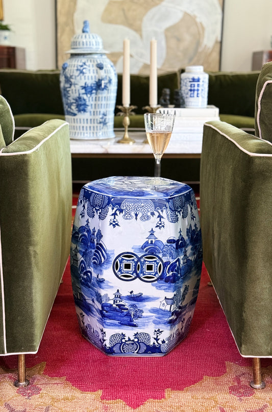 Blue & White Chinoiserie Porcelain Garden Seat | Side Table 